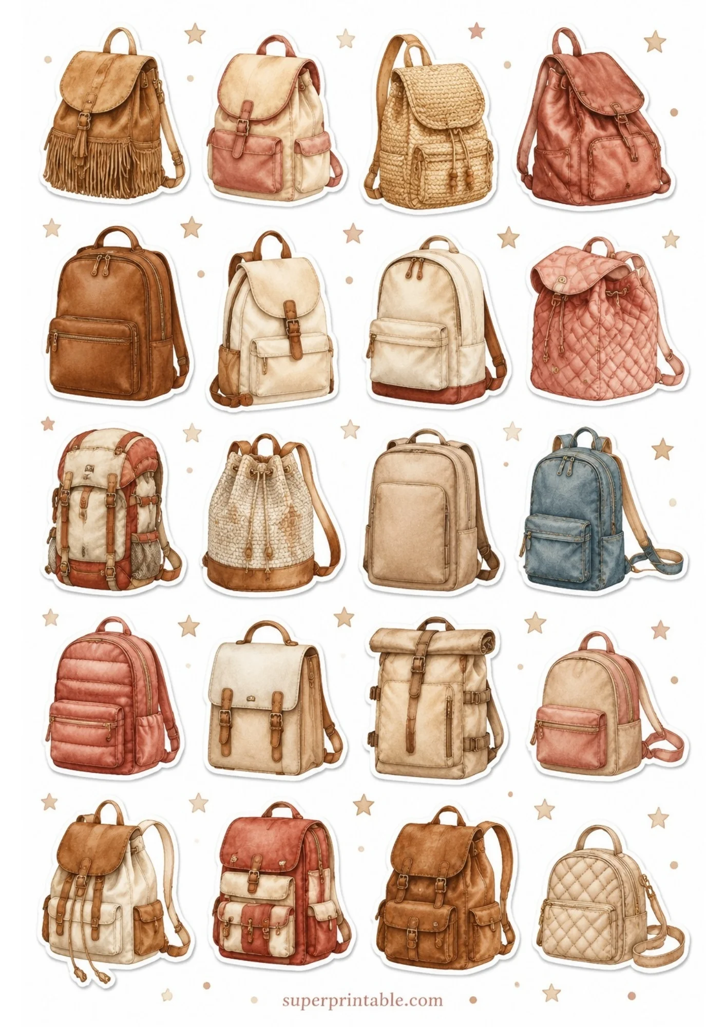 A sheet of printable stickers featuring twenty-four individual vintage leather backpacks in shades of brown, tan, cream, and pinkish-brown, decorated with small gold stars.