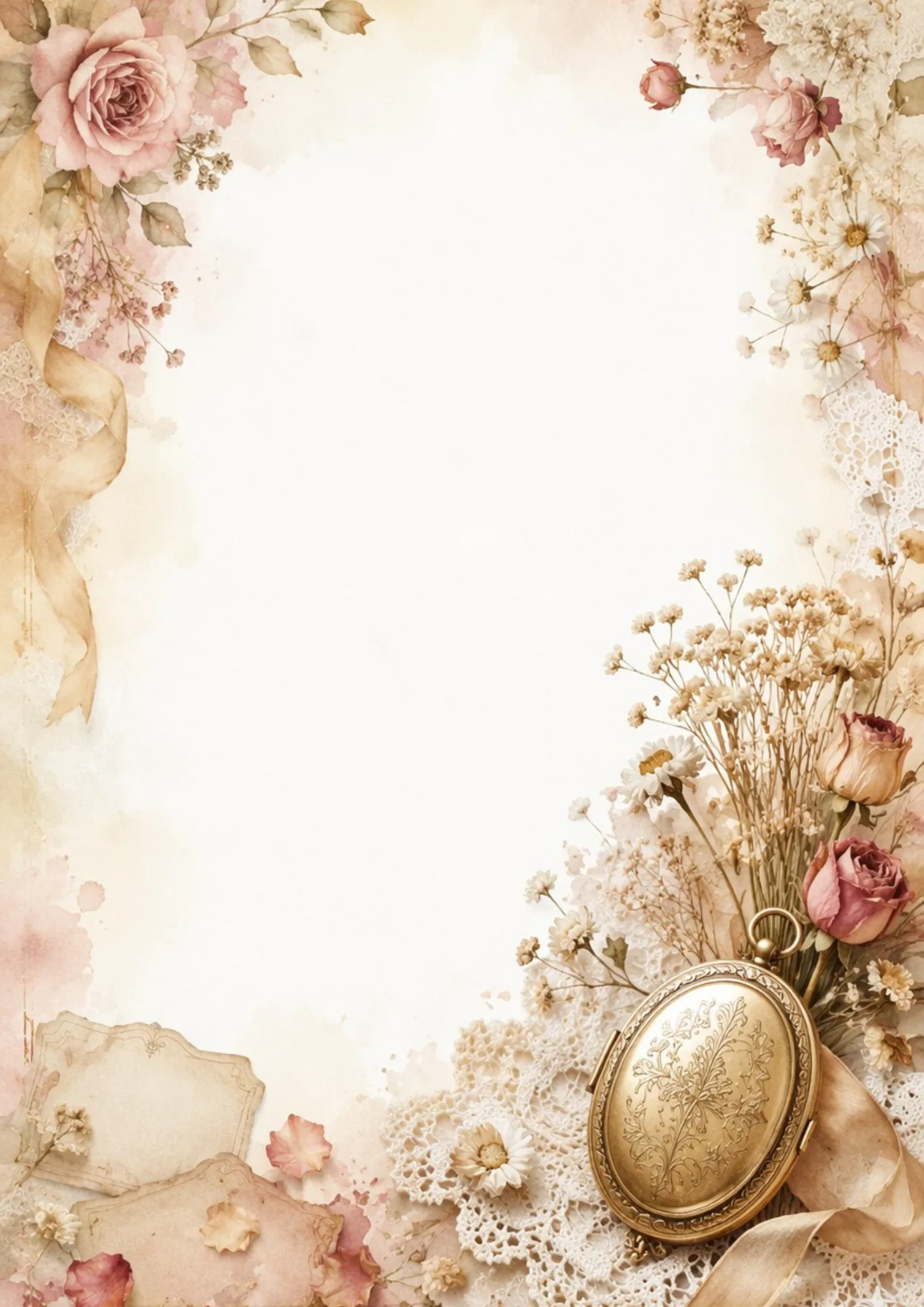 A vintage writing paper page featuring an engraved gold oval locket, resting on cream lace and bordered by dried roses and baby's breath.