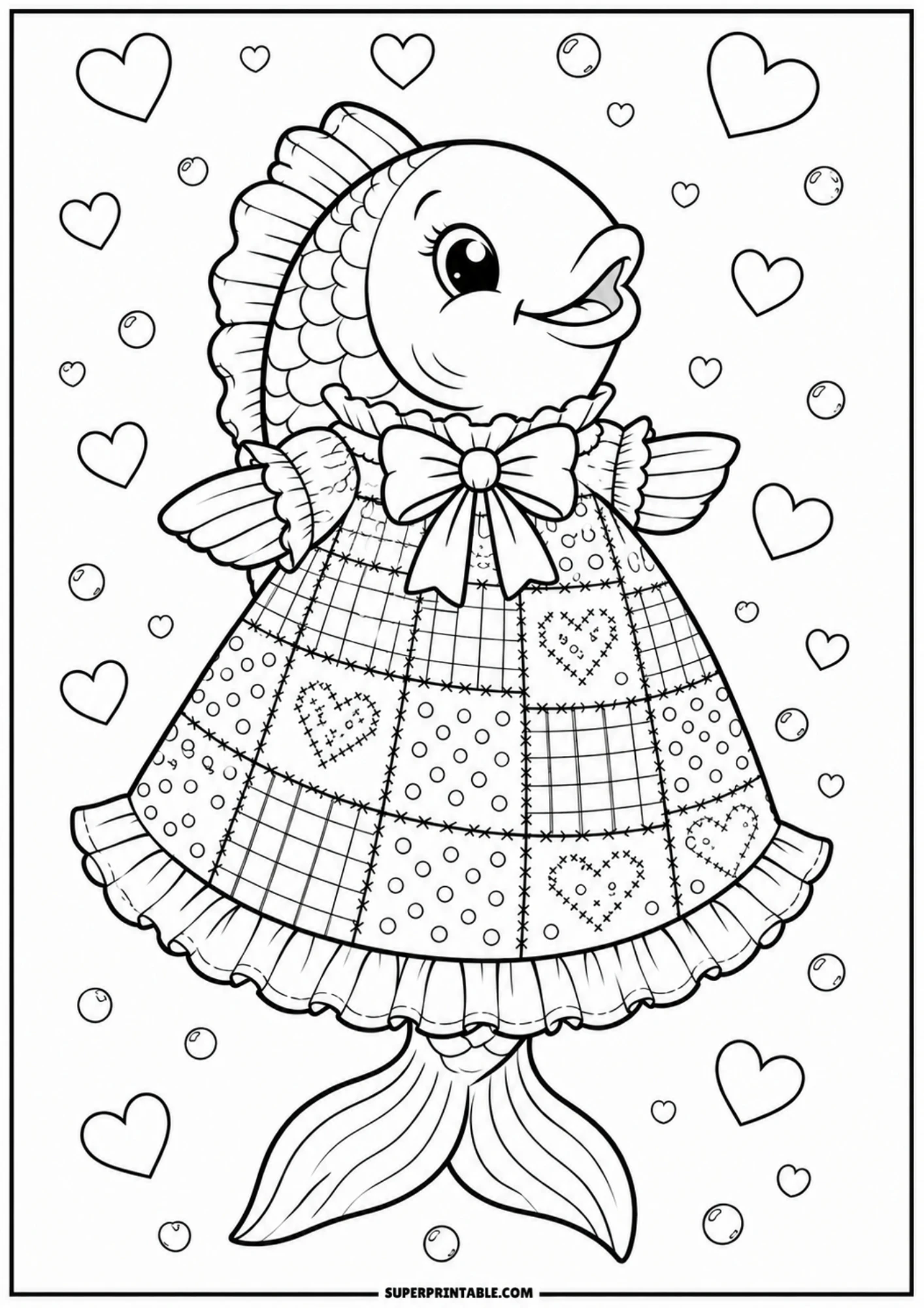 A line drawing of a fish wearing a patchwork dress decorated with hearts, dots, and checks, with a large collar bow and floating hearts all around.