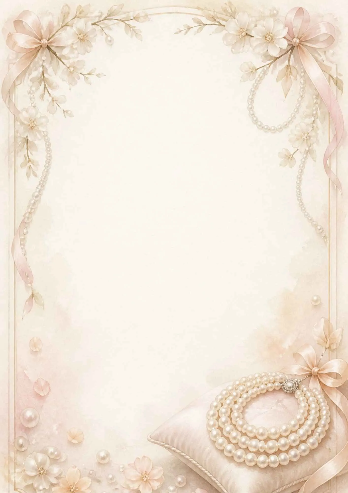 A vintage writing paper page featuring a classic white pearl strand necklace on lace with pink watercolor rose details.