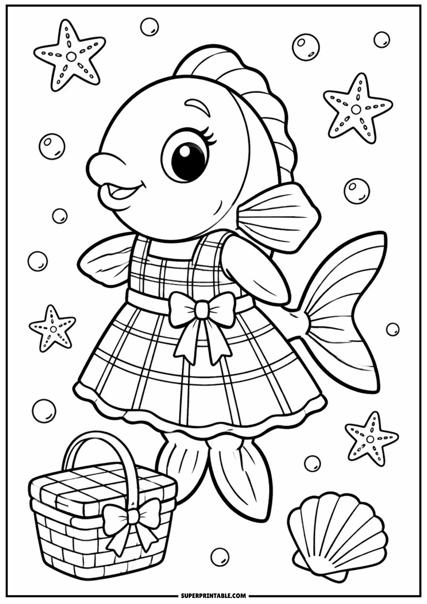 A line drawing of a fish wearing a checkered pinafore dress, swimming next to a wicker picnic basket, a seashell, and starfishes.
