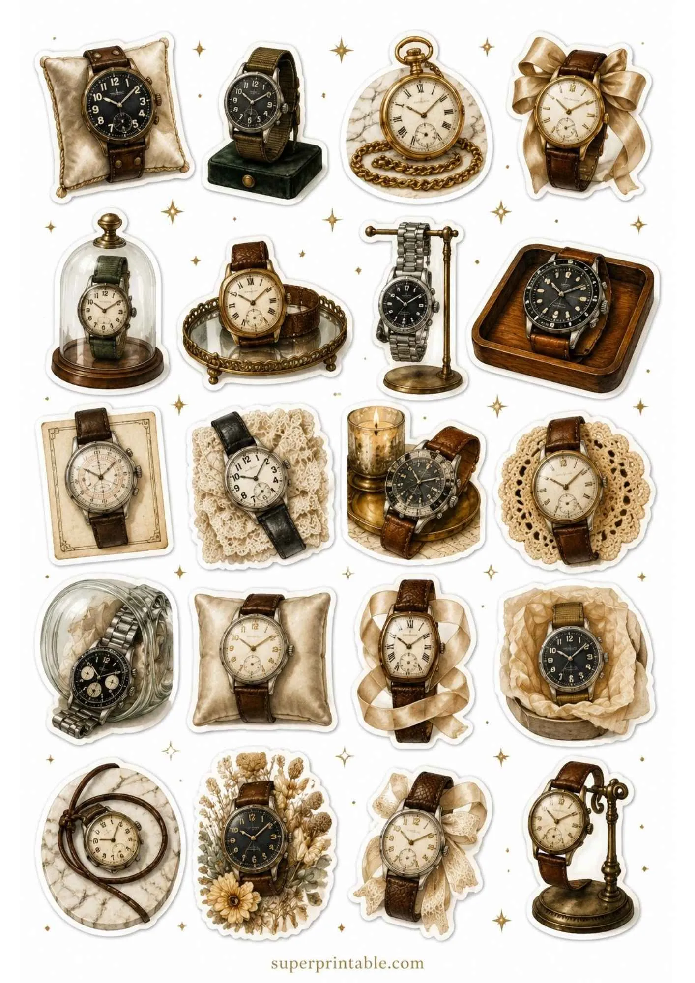 A printable sticker sheet featuring antique pocket watches with gold chains, field watches with green straps, and leather bands.