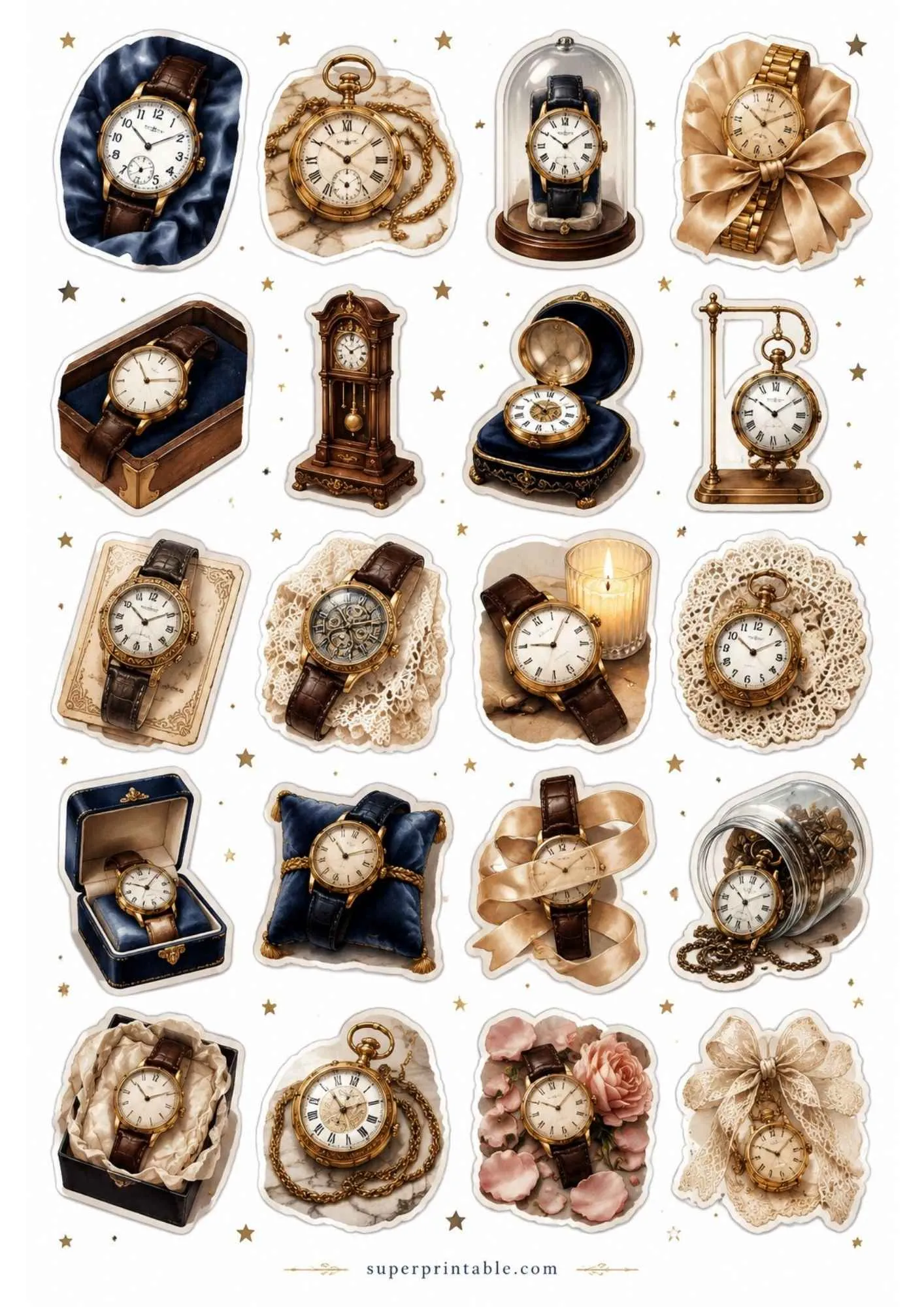 A sheet of printable stickers with classic vintage pocket watches, chains, wooden grandfather clocks, and display domes.