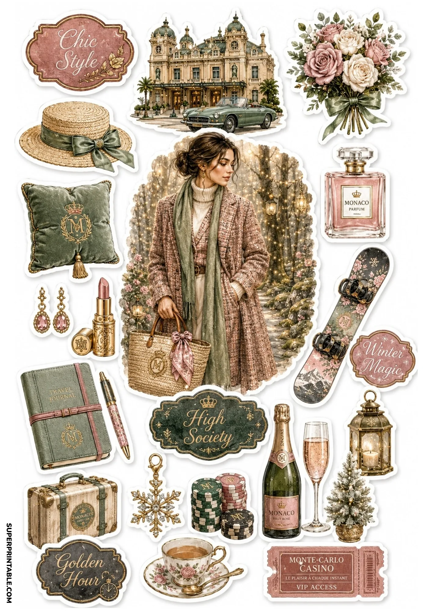 Printable sticker sheet with a woman in a plaid coat, Monte Carlo Casino, champagne bottle, rose bouquet, and VIP casino ticket.