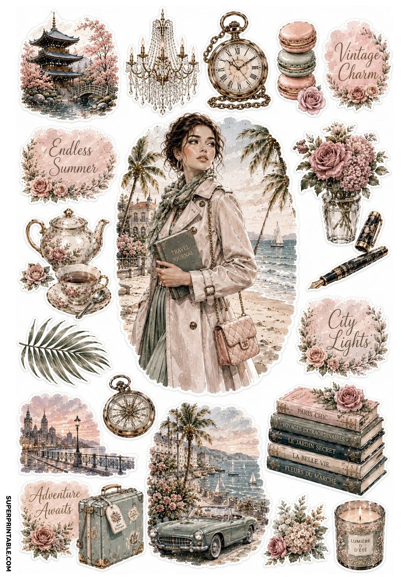 Vintage rose sticker sheet depicting a Japanese pagoda temple, woman holding a travel journal, coastal town scene, classic car, and vintage suitcase.