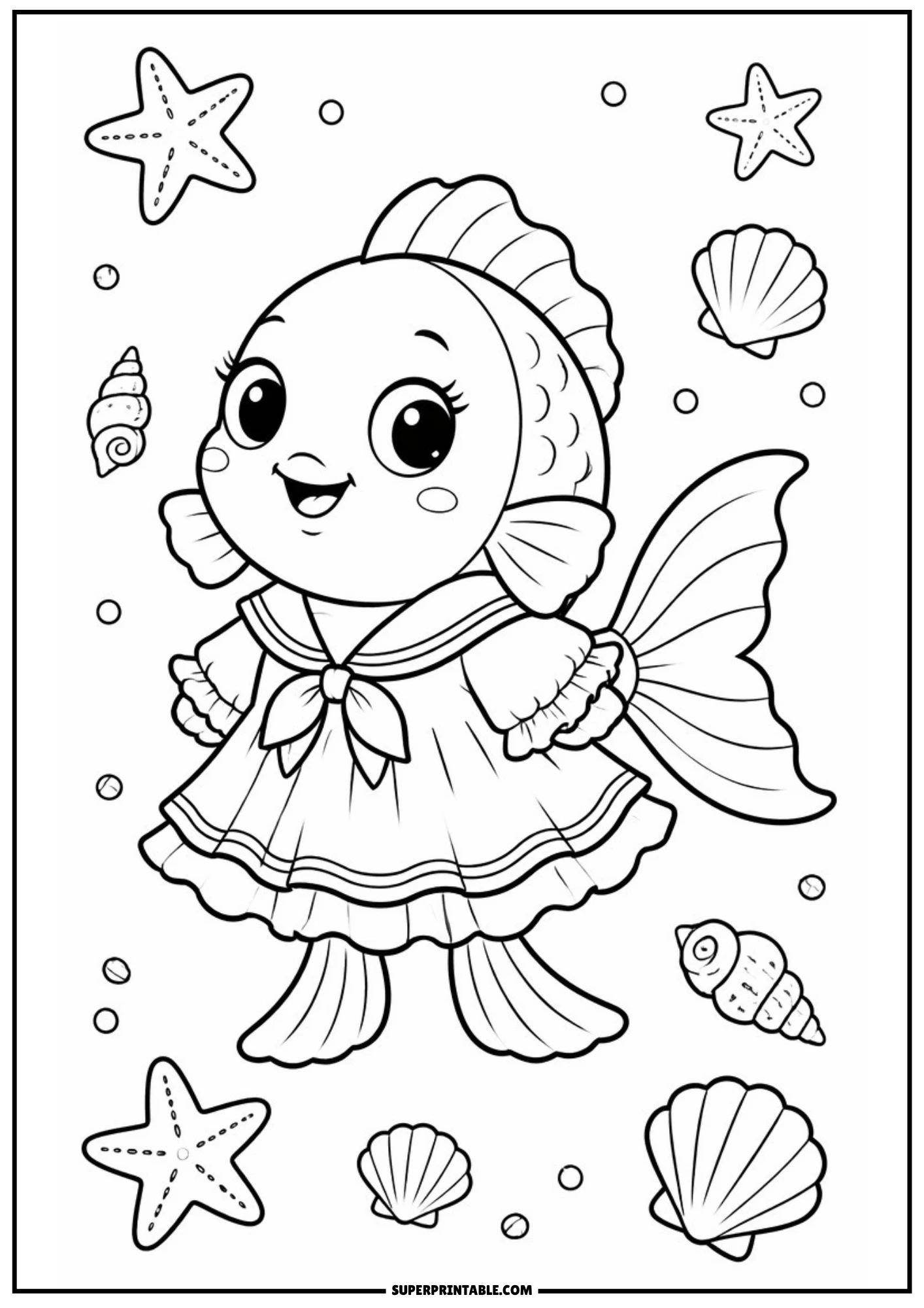 A line drawing of a smiling fish character dressed in a sailor suit with a large bow, swimming among floating starfishes and sea shells.