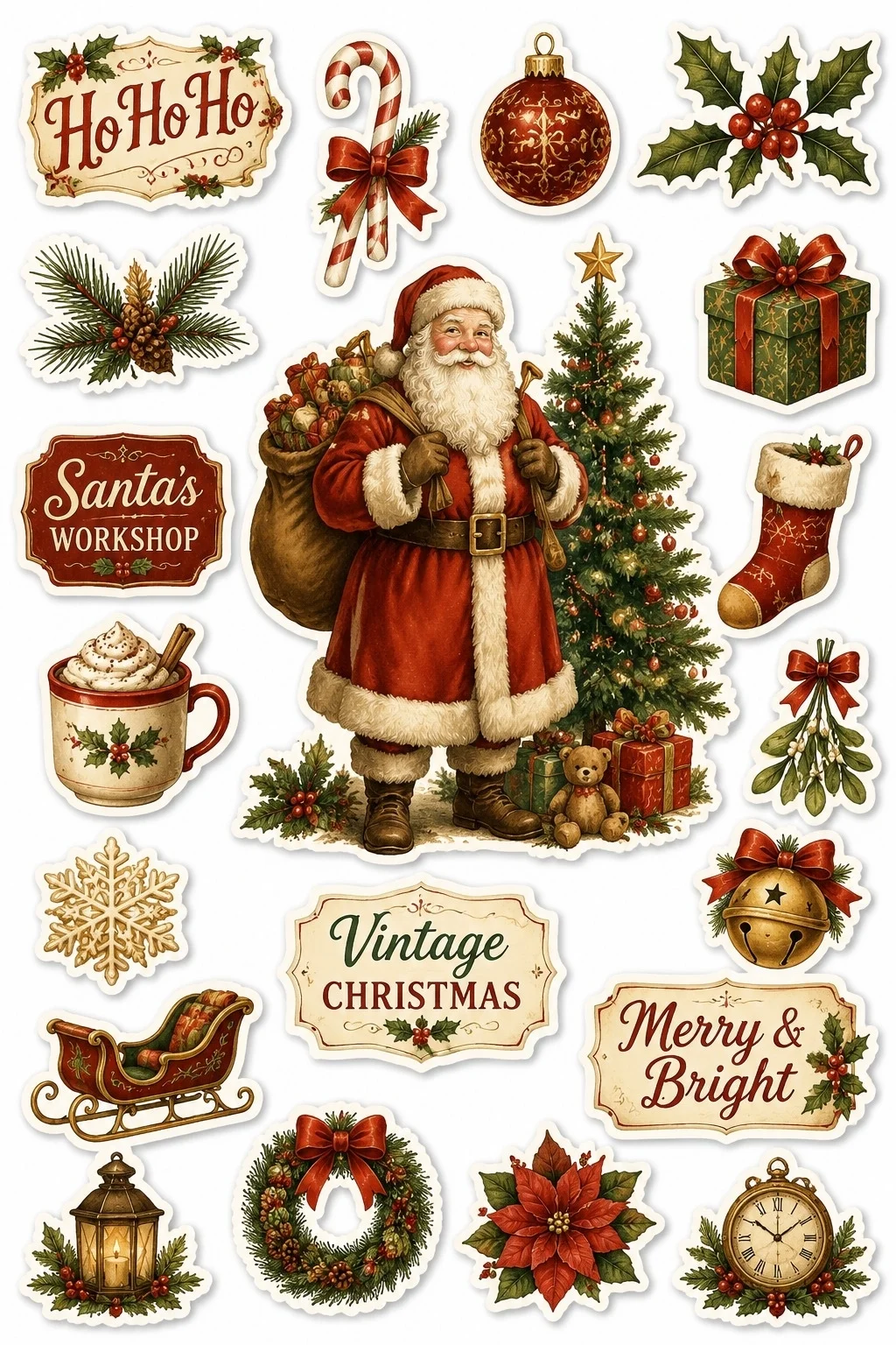 Vintage Santa Claus standing beside a decorated Christmas tree surrounded by die-cut stickers including a sleigh, lantern, wreath, poinsettia, stockings, and Christmas labels.