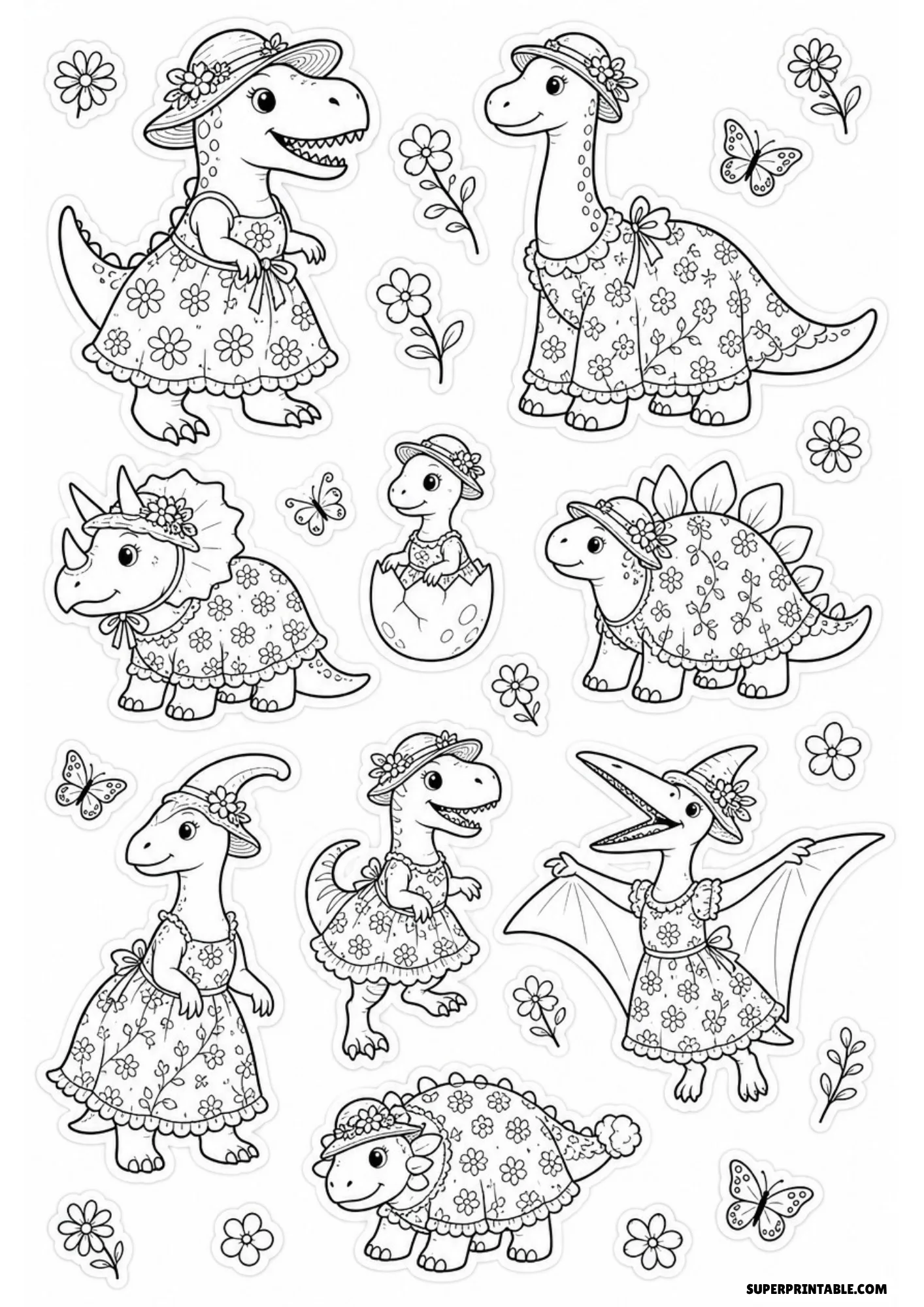 Black and white line art sticker sheet depicting dinosaurs in straw sun hats and daisy print dresses surrounded by butterflies and flowers.