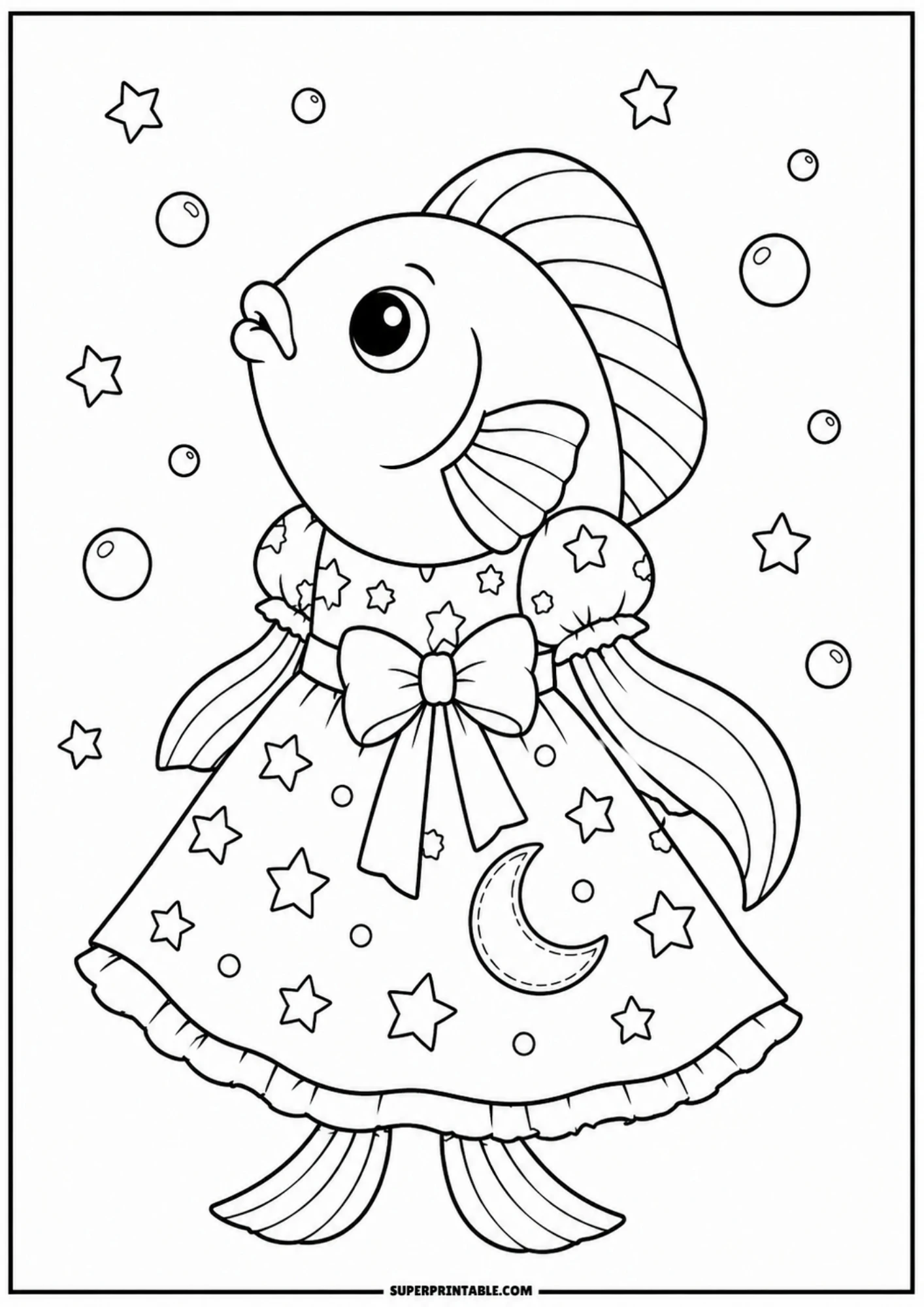 A line drawing of a fish wearing a dress patterned with stars and a crescent moon, surrounded by floating stars and water bubbles.