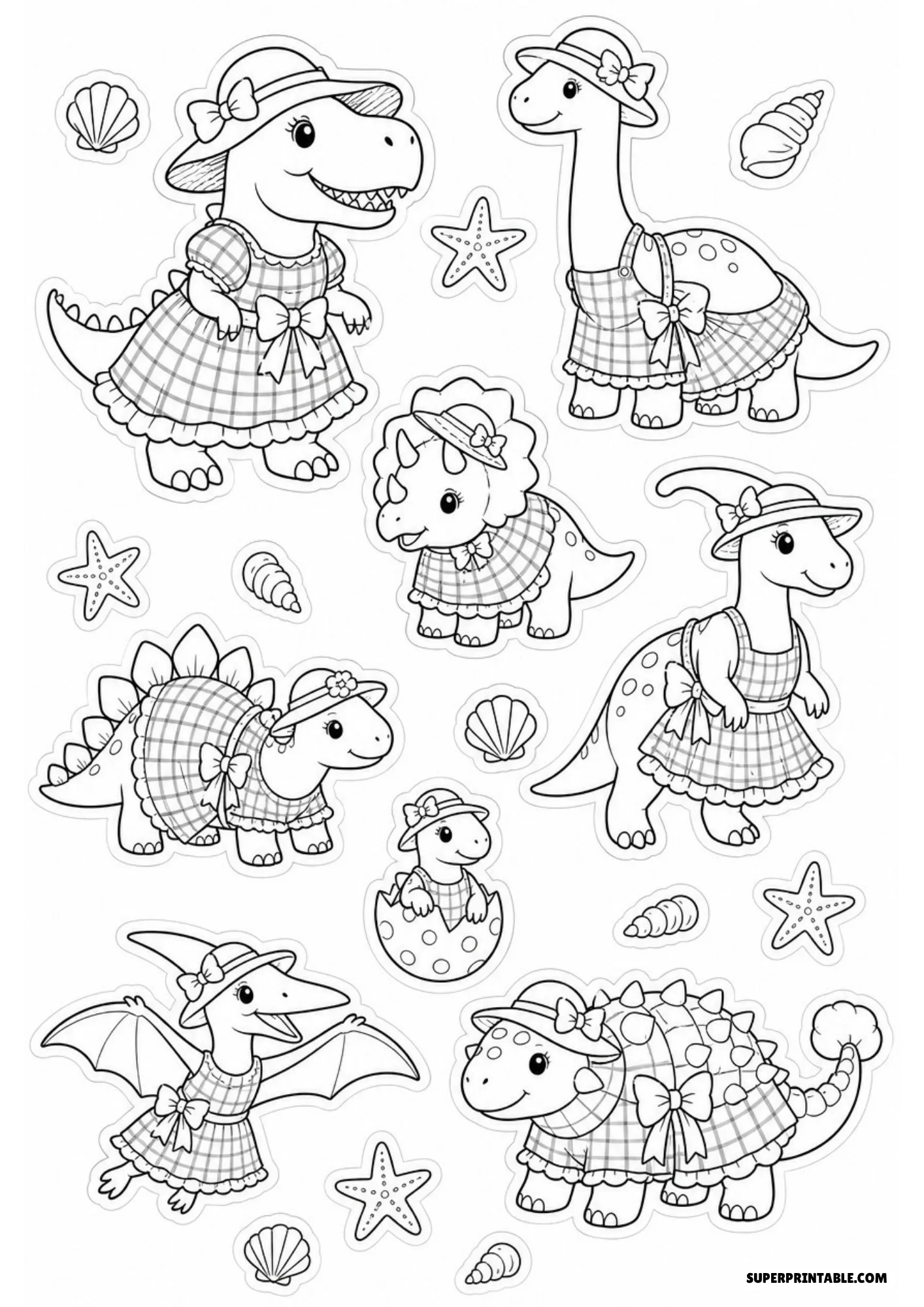 Black line art sticker sheet illustrating dinosaurs wearing sun hats and plaid sundresses, surrounded by seashells and sea stars.
