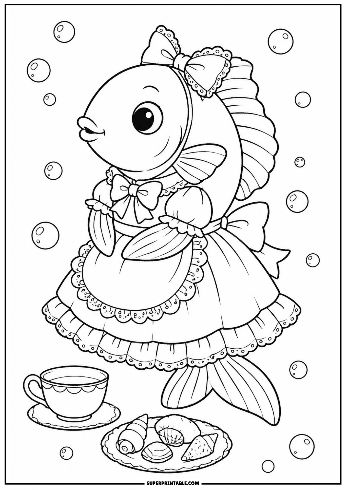 A line drawing of a cute fish wearing a vintage ruffled dress with a bow on its head, standing next to a teacup on a saucer and a plate of seashells under the sea.