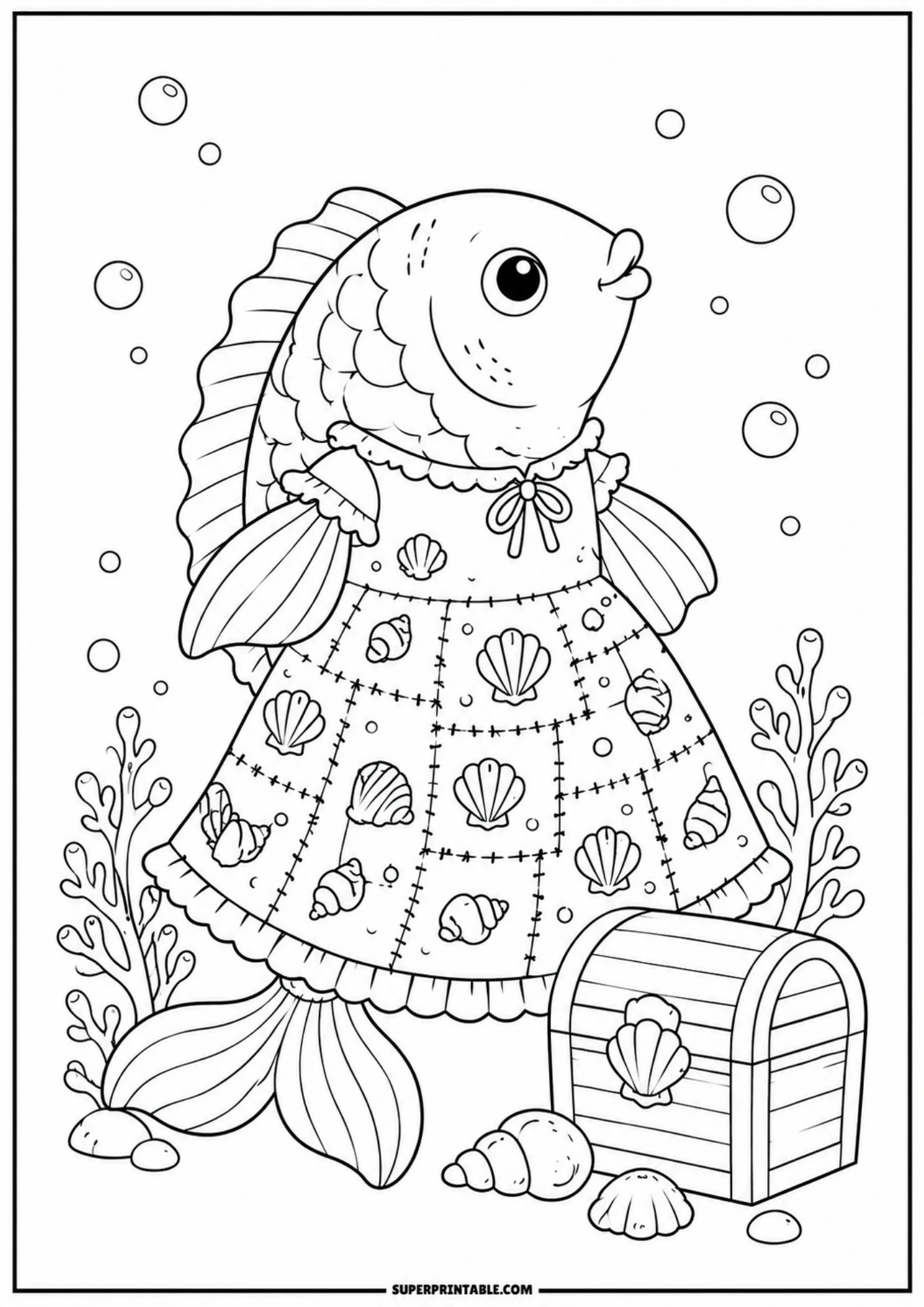 A line drawing of a fish dressed in a patchwork apron patterned with seashells, standing next to a small closed treasure chest on the sandy ocean floor.