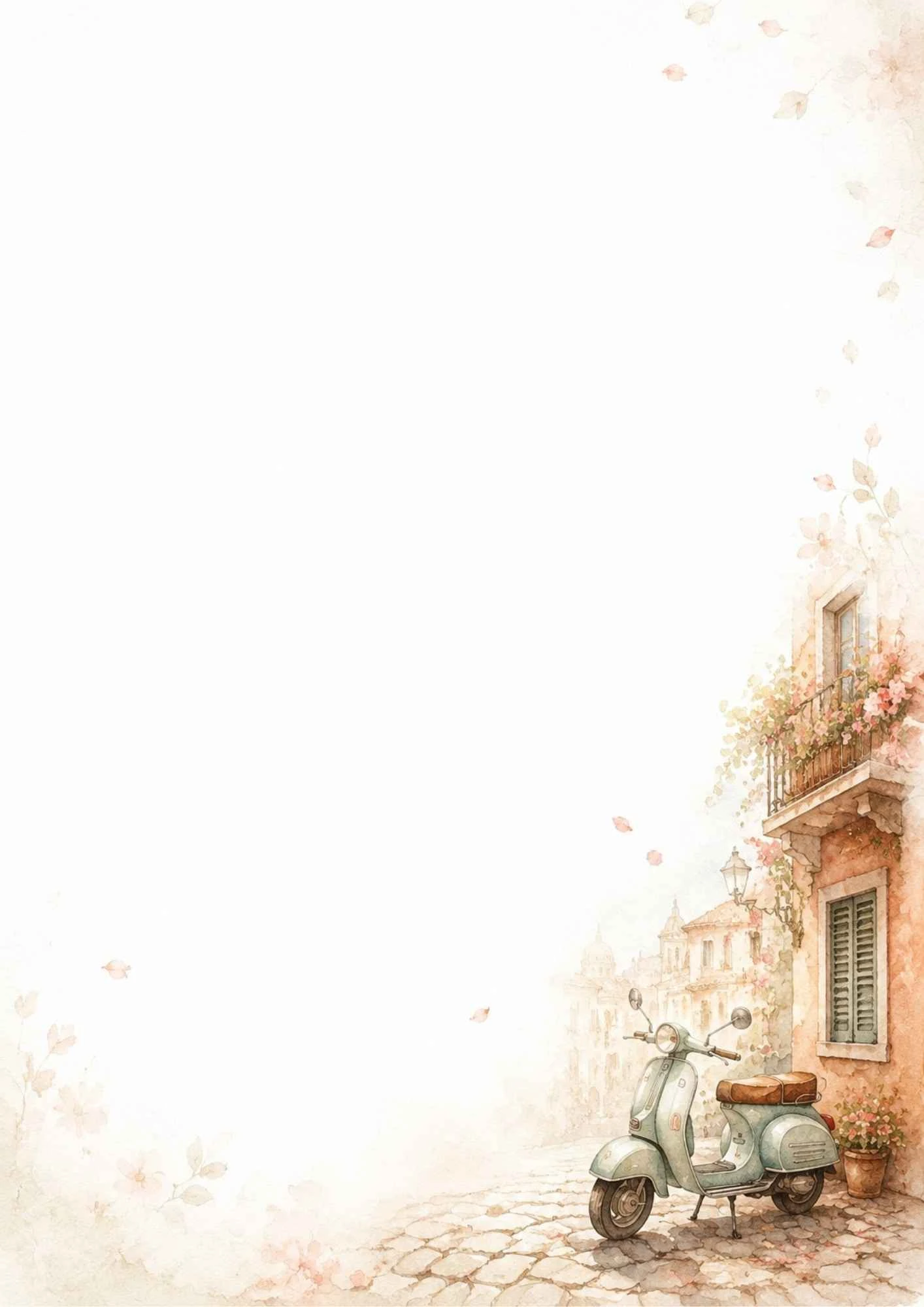 A watercolor painting of a light green Vespa scooter parked on a cobblestone street by a flower-filled balcony.