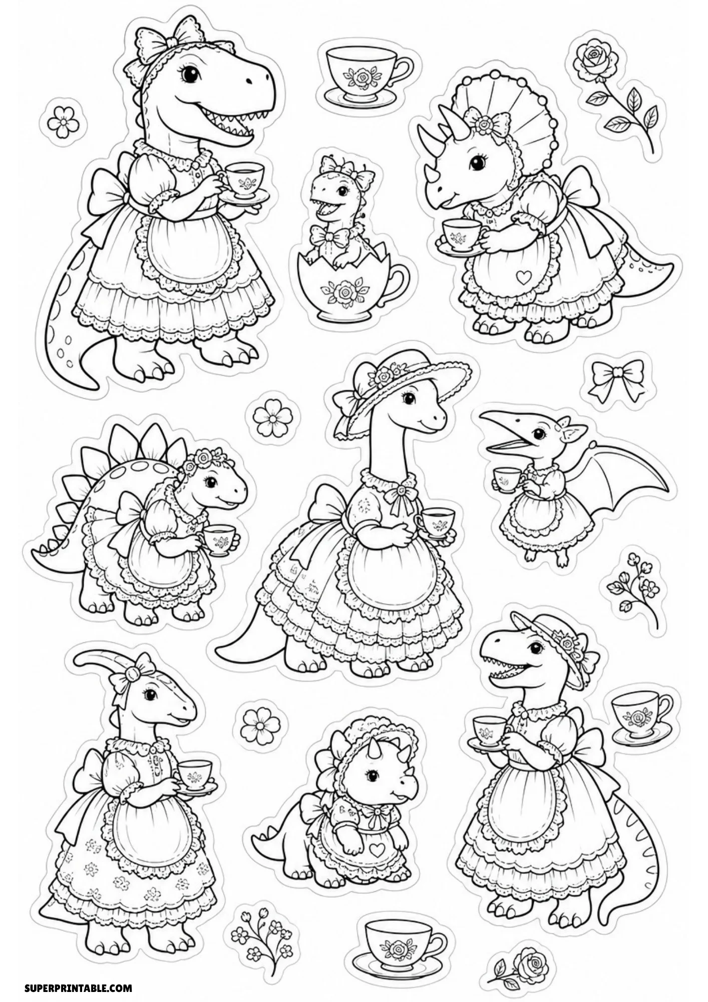 Black and white line art sticker sheet of dinosaurs wearing Victorian dresses and lace aprons holding teacups with floral saucers.