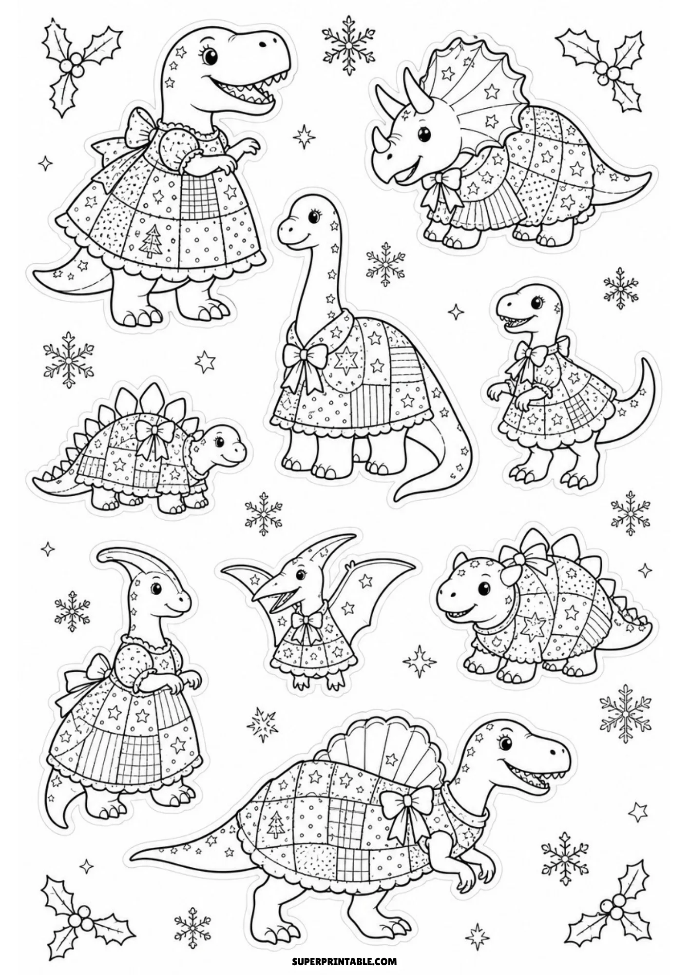 Black and white line drawing sticker sheet featuring winter dinosaurs in star patterned dresses, surrounded by snowflakes and holly sprigs.