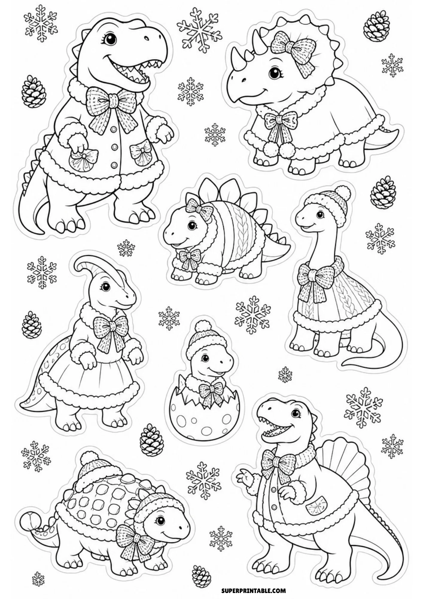 Line art sticker page showing dinosaurs outfitted in winter coats, knit beanies, and scarves, surrounded by snowflakes and pine cones.