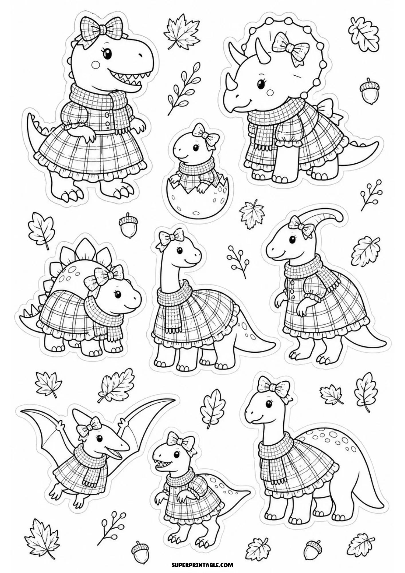 Black line drawing sticker sheet featuring dinosaurs wearing plaid dresses and neck scarves among oak leaves and acorns.