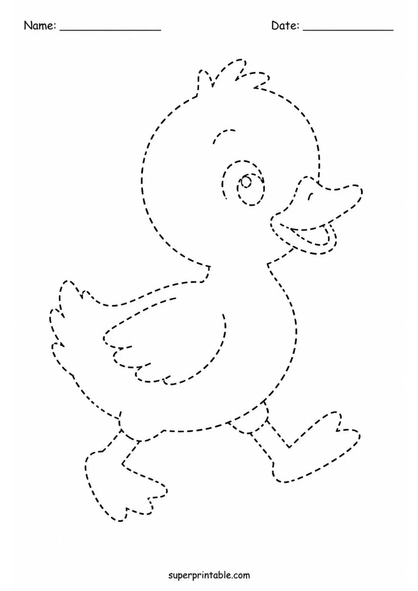 Black and white line tracing activity sheet depicting a happy baby duckling walking forward with webbed feet drawn in dashed outlines.