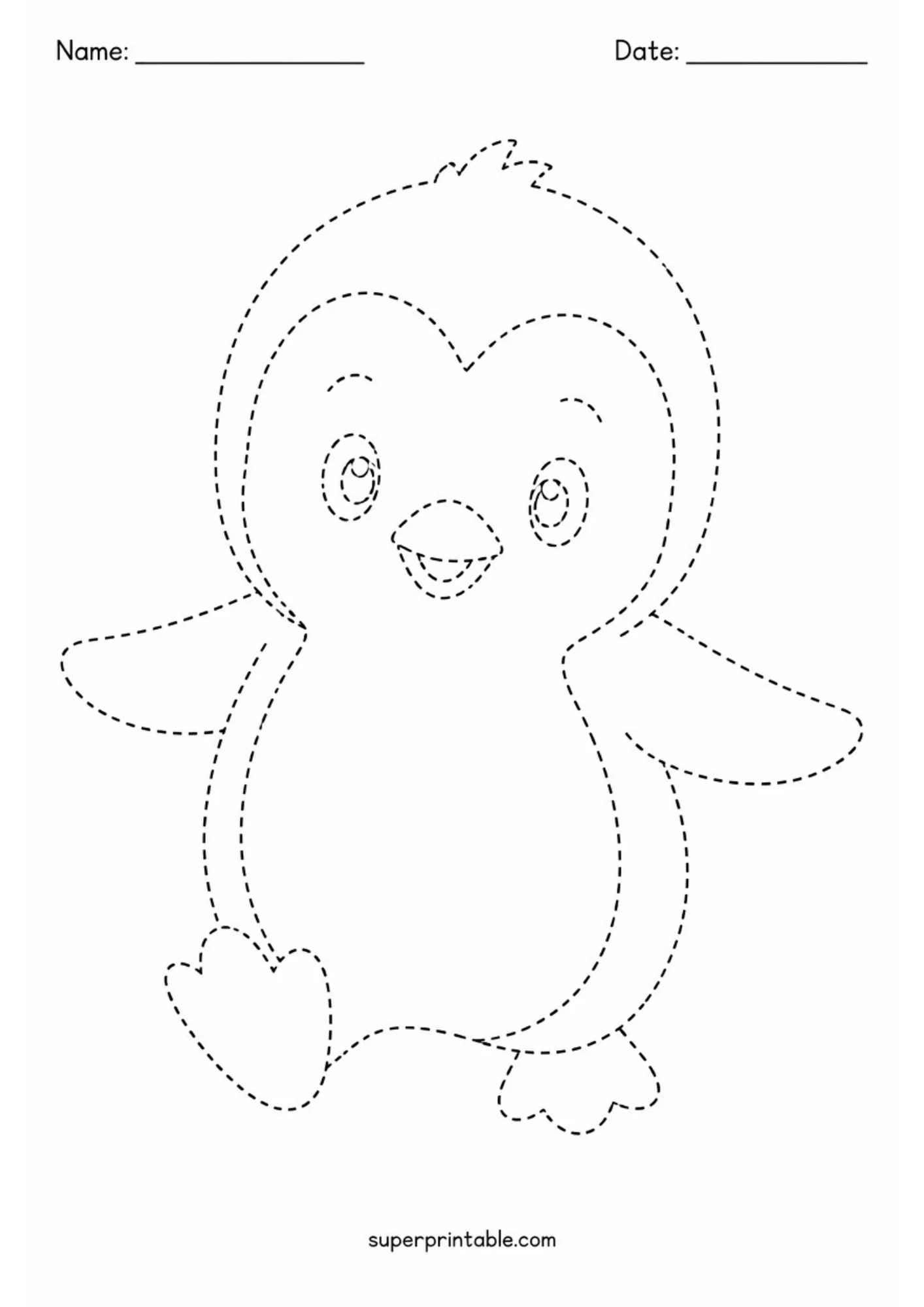 Black and white printable tracing sheet featuring a cartoon baby penguin chick waddling with one foot lifted, open smiling beak, and dashed lines for fine motor skill practice.