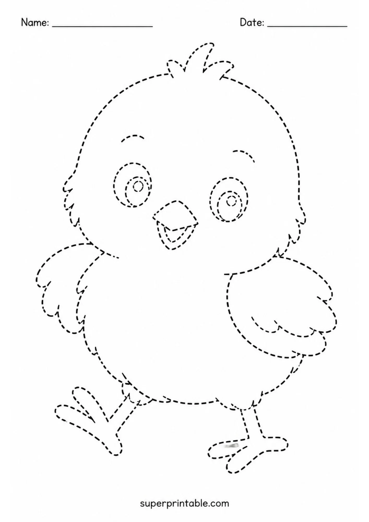 Black line art tracing worksheet showing a cute baby chick stepping forward with one foot raised, featuring dotted outlines for fine motor practice.