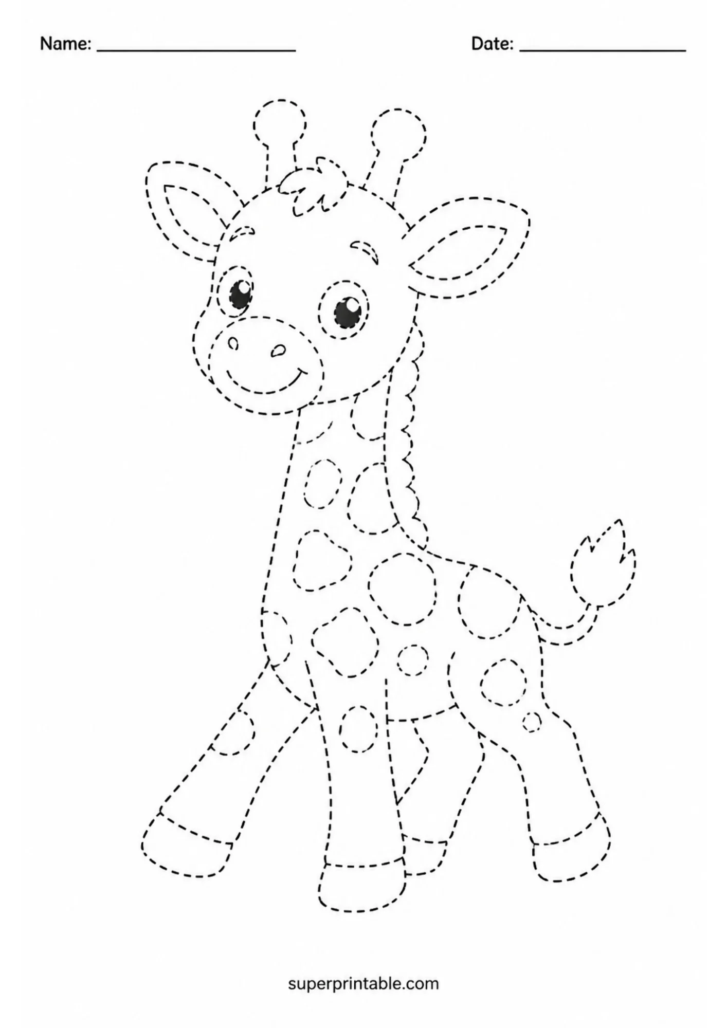 Black dashed line worksheet of a happy baby giraffe calf taking a step forward with wide eyes, spotted coat, tufted tail, and top Name and Date header lines.