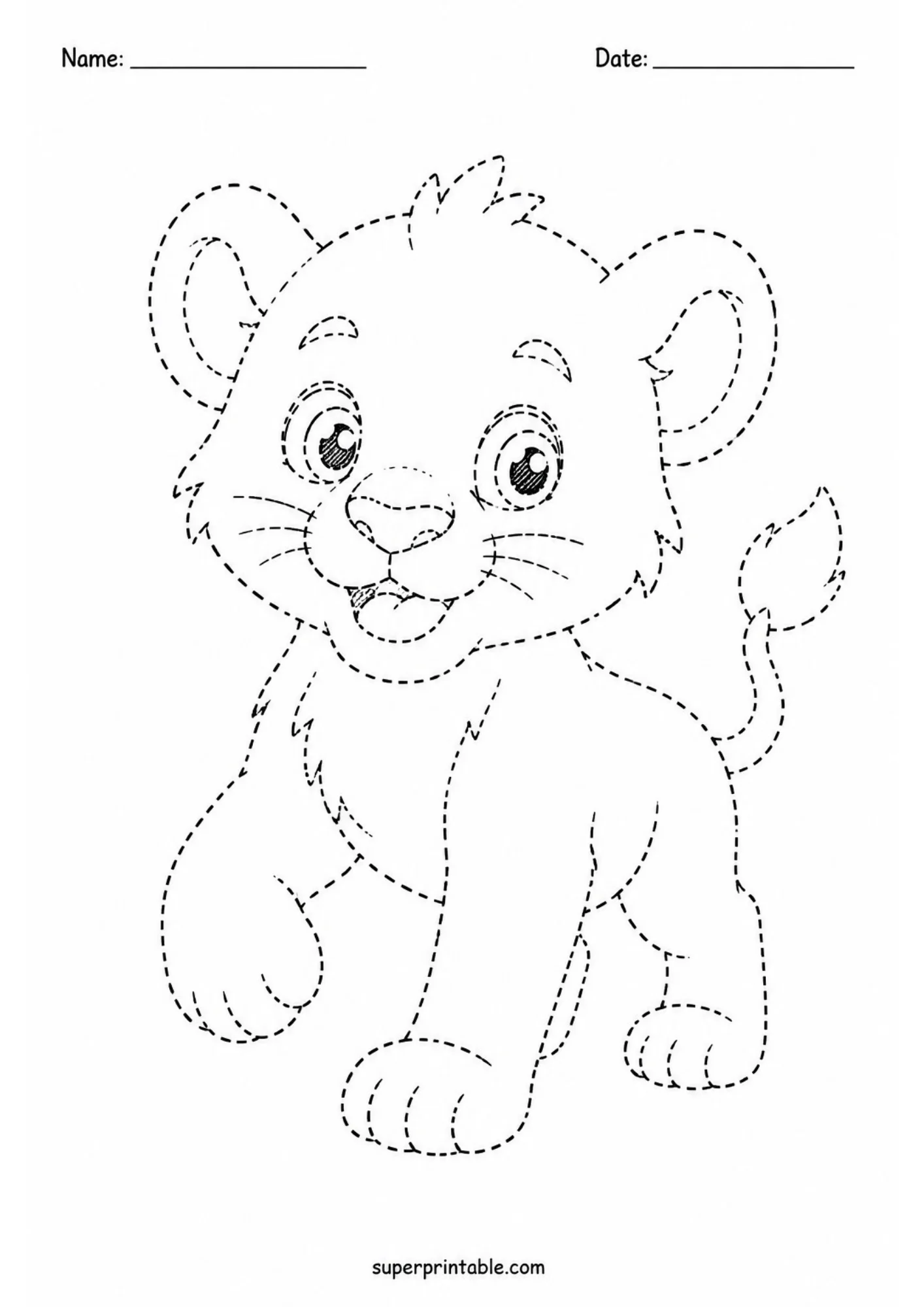 Dotted line art printable worksheet depicting a friendly lion cub stepping forward with one paw lifted, big shaded eyes, and smiling face.