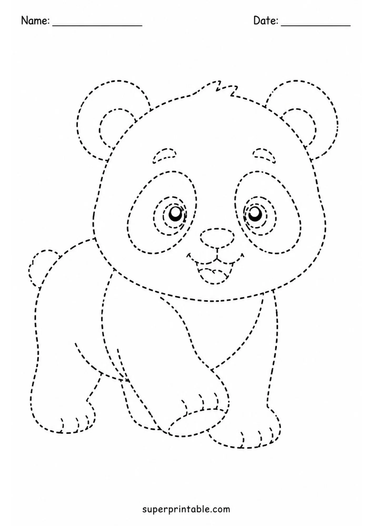 Dotted line art worksheet depicting a smiling baby panda cub walking forward on four legs on a clean background.