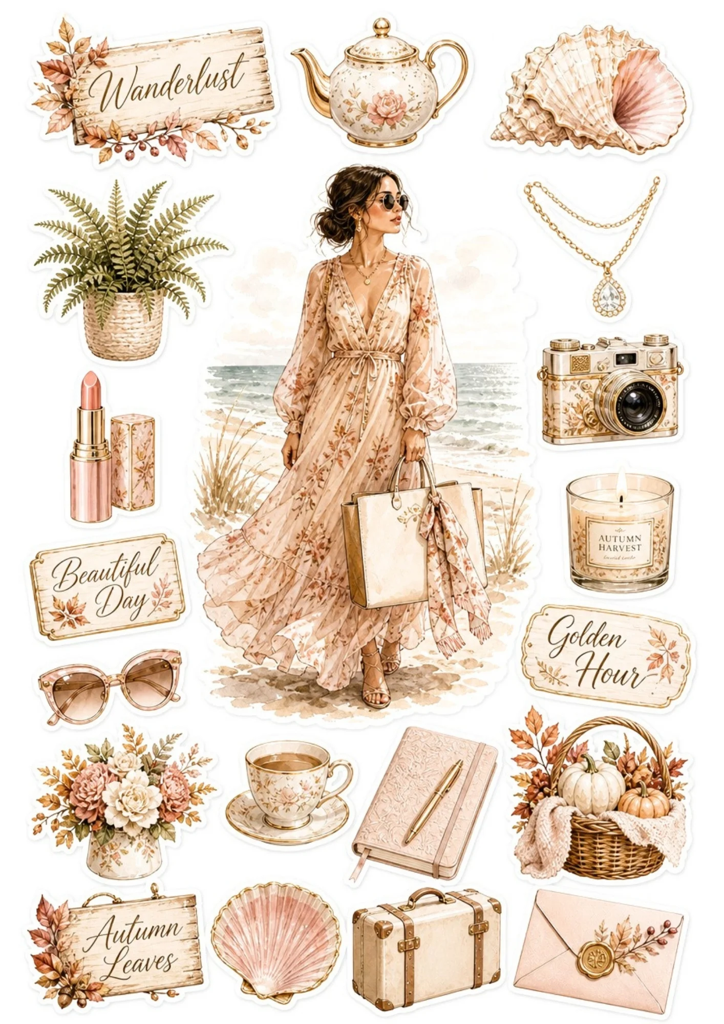 A printable sticker page featuring a woman walking on a sandy autumn beach in a floral gown, with potted ferns, wax-sealed envelopes, teacups, and suitcases.
