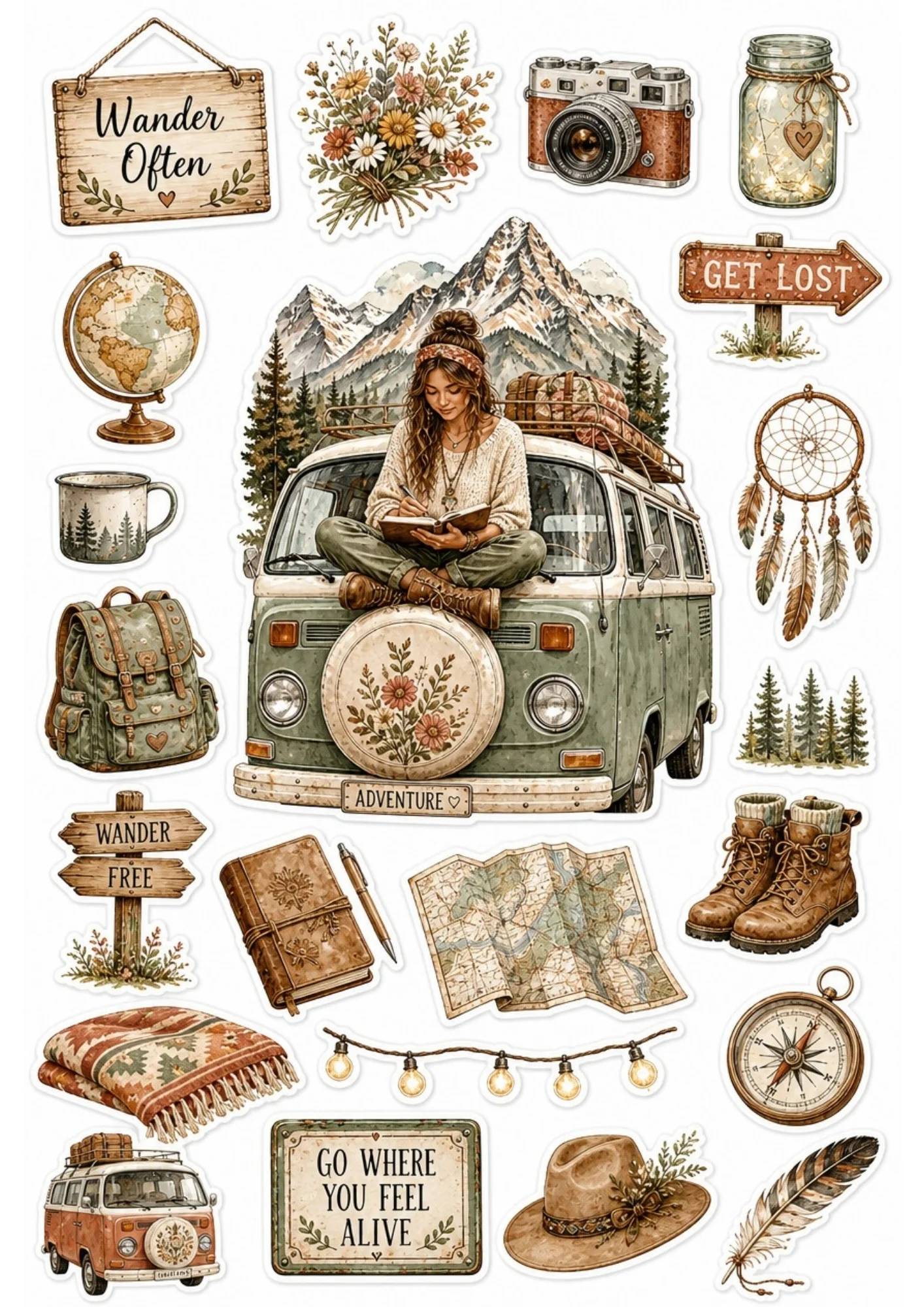 A girl sitting on the hood of a vintage VW van writing in a journal. Surrounding stickers include globes, vintage cameras, backpacks, hiking boots, and text saying 'Wander Often' and 'Get Lost'.