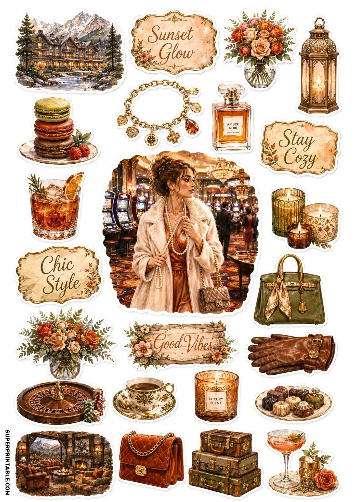 Sticker collection in warm amber and cognac tones showing a woman in a casino, leather gloves, vintage roulette wheel, perfume bottle, and luggage stacks.