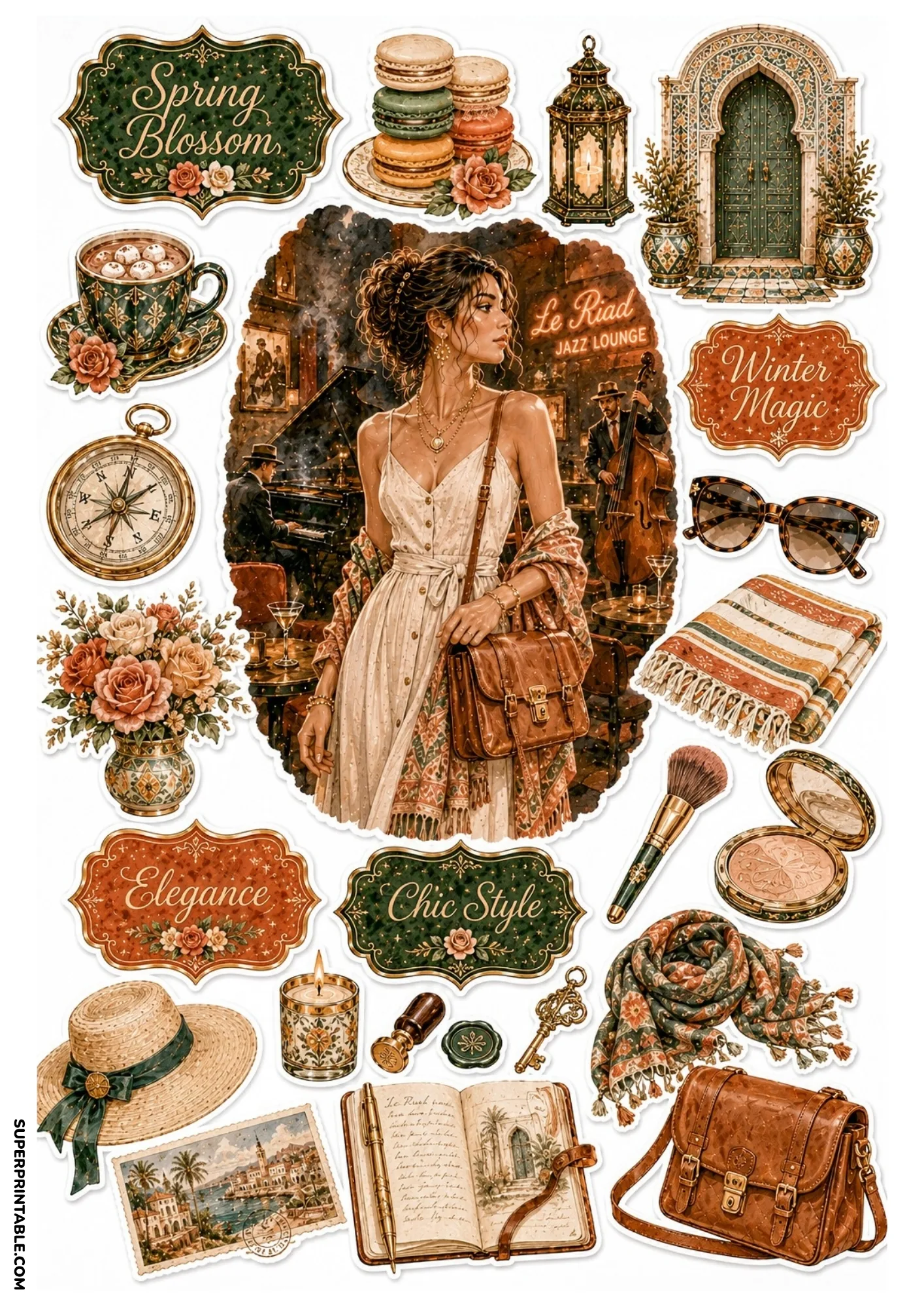 Amber and green sticker sheet featuring a Moroccan jazz lounge scene, live musicians, open sketchbook, macaron stack, and vintage key.