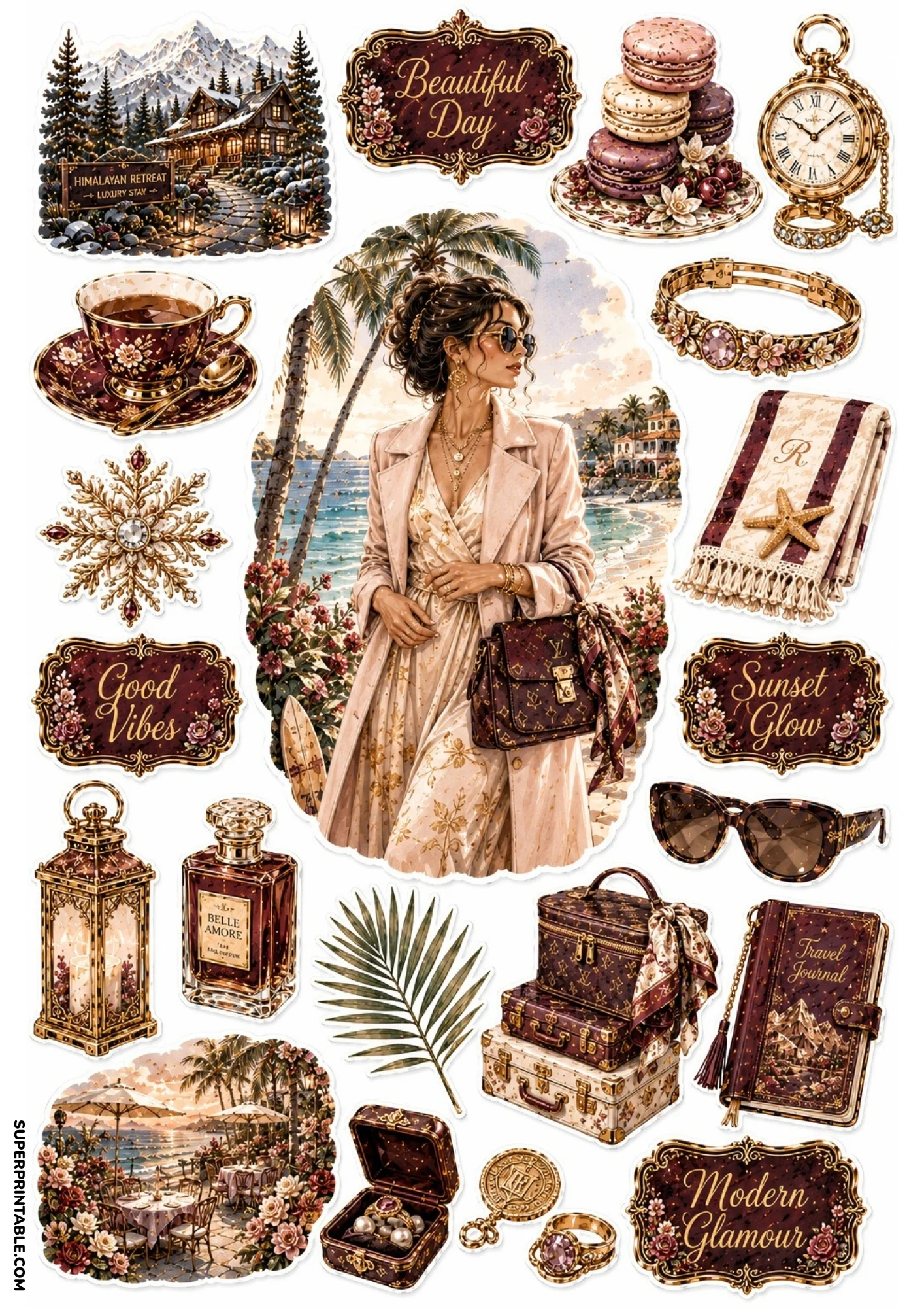 Printable sticker sheet with warm amber and burgundy art featuring a woman on a tropical beach walk, pocket watch, perfume bottle, luggage, and beach towel.