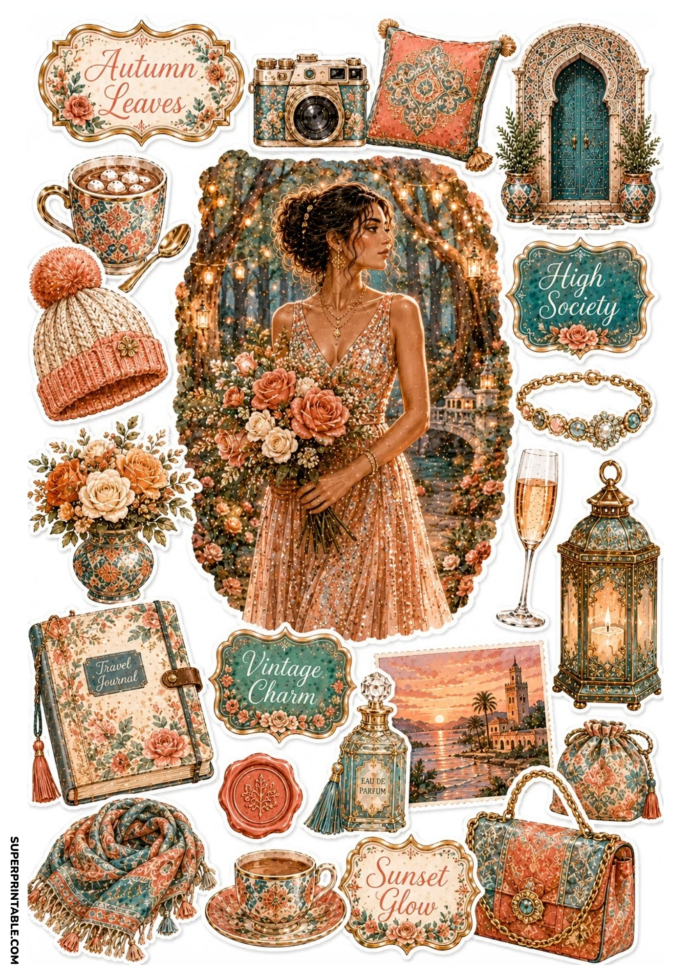 Warm autumn sticker sheet featuring an orange evening gown model with rose bouquet, vintage camera, sunset postcard, and lantern.