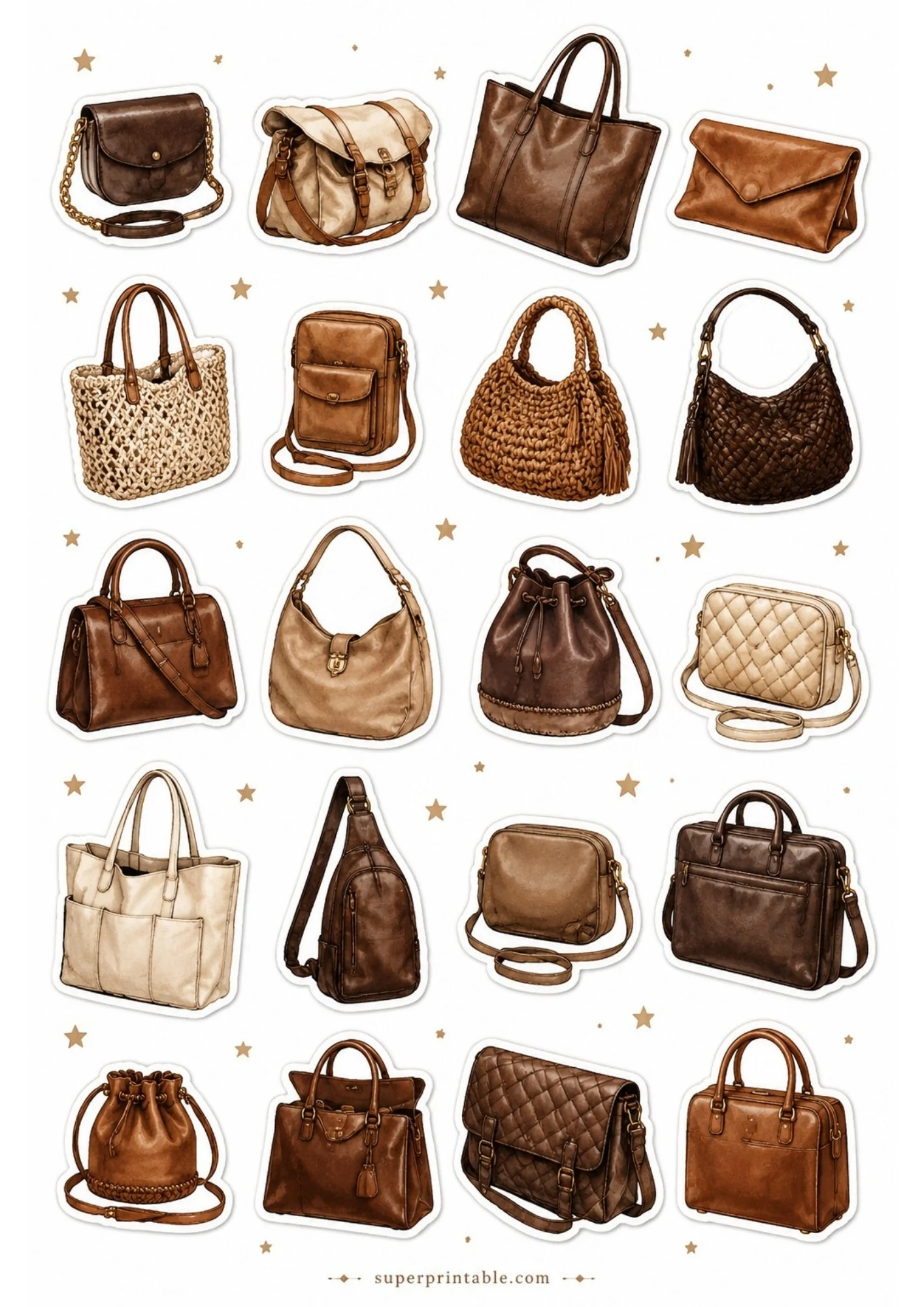 A sheet of 20 luxury handbag stickers featuring warm brown leather bags in styles like satchels, backpacks, bucket bags, and crossbodies.