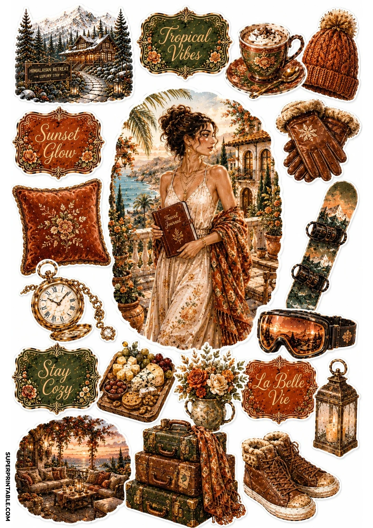 Printable sticker sheet with warm terracotta and rust illustrations of a woman holding a travel journal on a terrace, winter gloves, pocket watch, and snowboard.