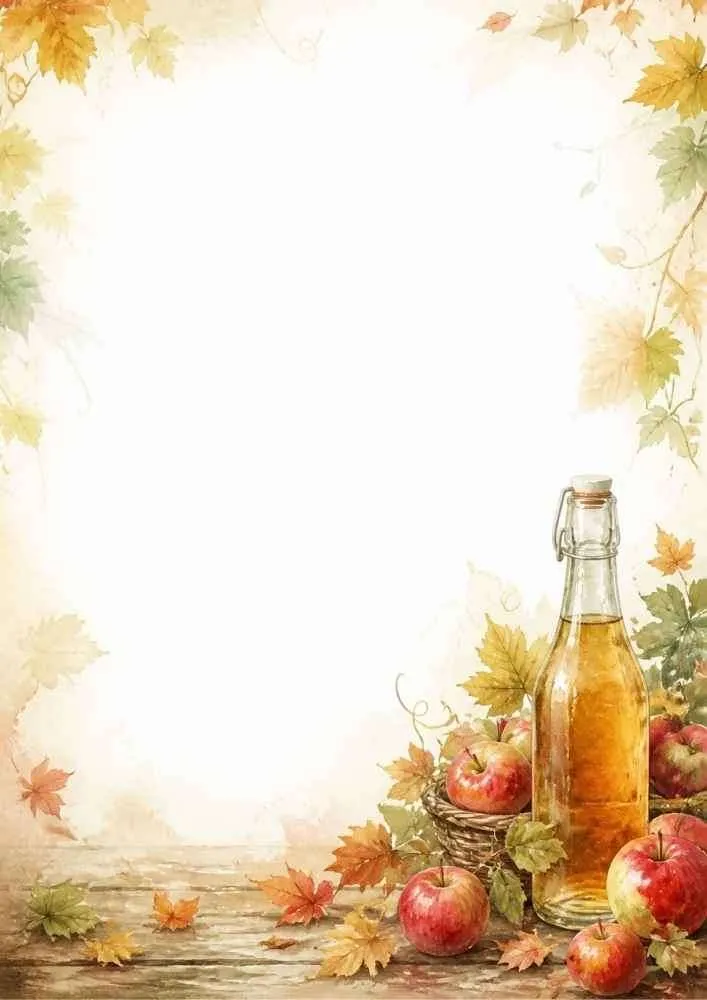 A warm autumn writing page featuring a basket of red apples, a bottle of apple cider, and falling maple leaves in gold and orange watercolor washes.