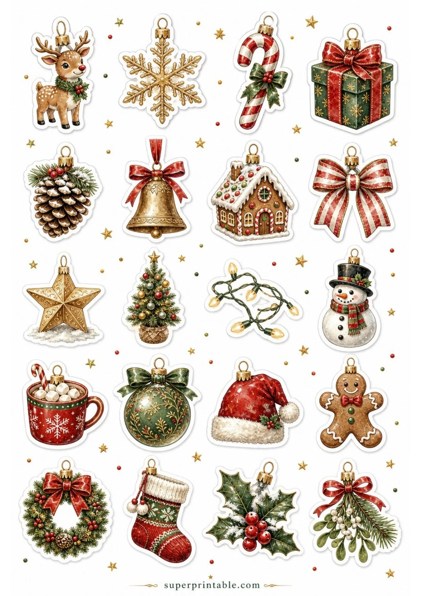A printable sheet of twenty Christmas tree ornament stickers with hanging loops, featuring snowflakes, baubles, bell ornaments, and gingerbread figures.