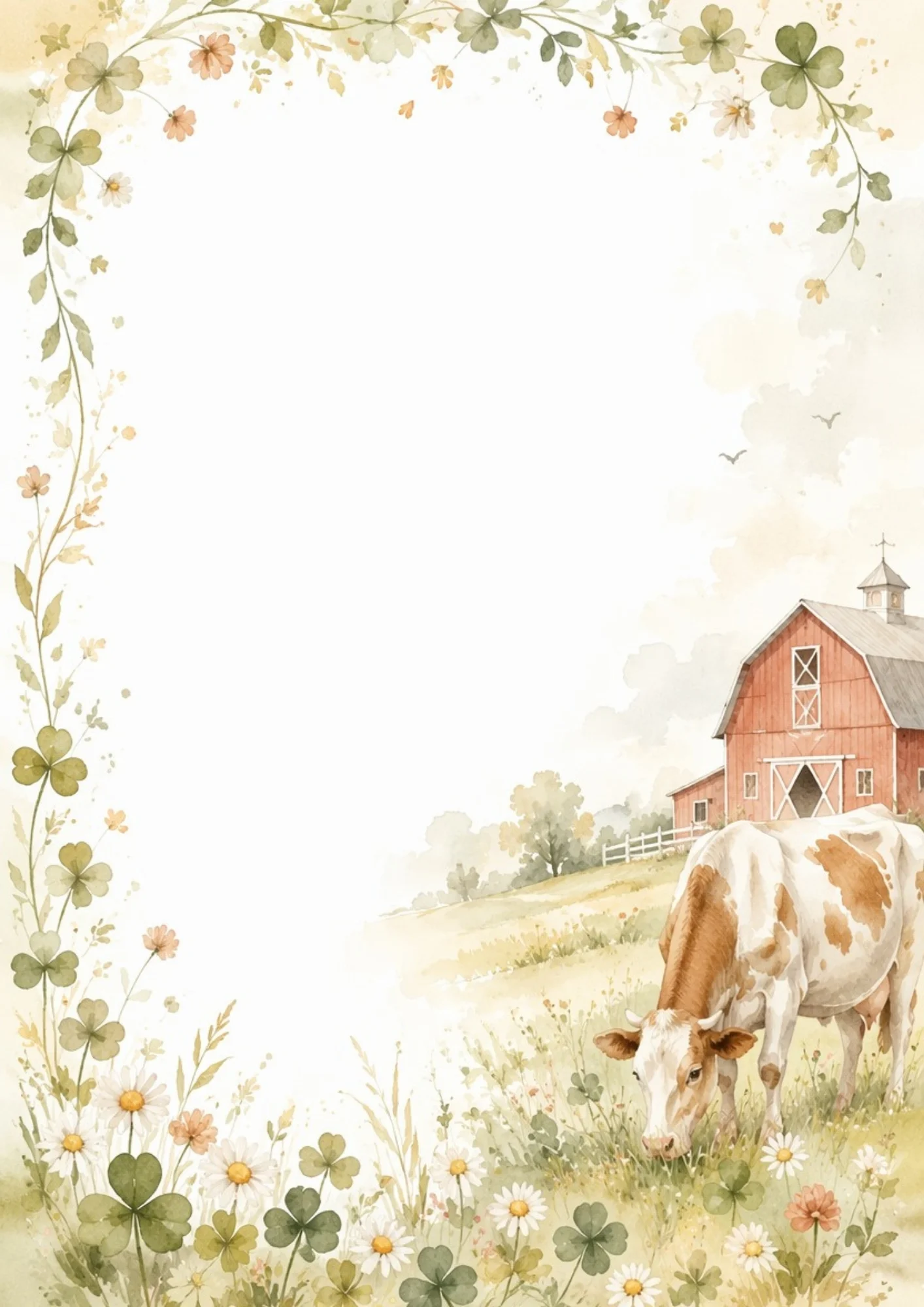 Watercolor border featuring a brown and white cow grazing in a field near a red barn with clover leaves and daisies framing the edges.