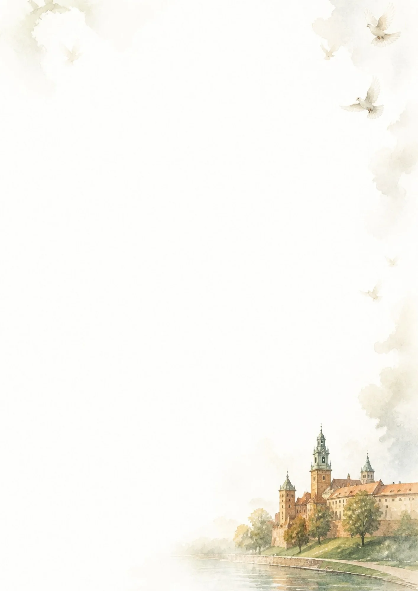 Watercolor illustration of Wawel Royal Castle in Krakow next to the Vistula River with white doves flying, set on the bottom right corner of a blank writing paper.