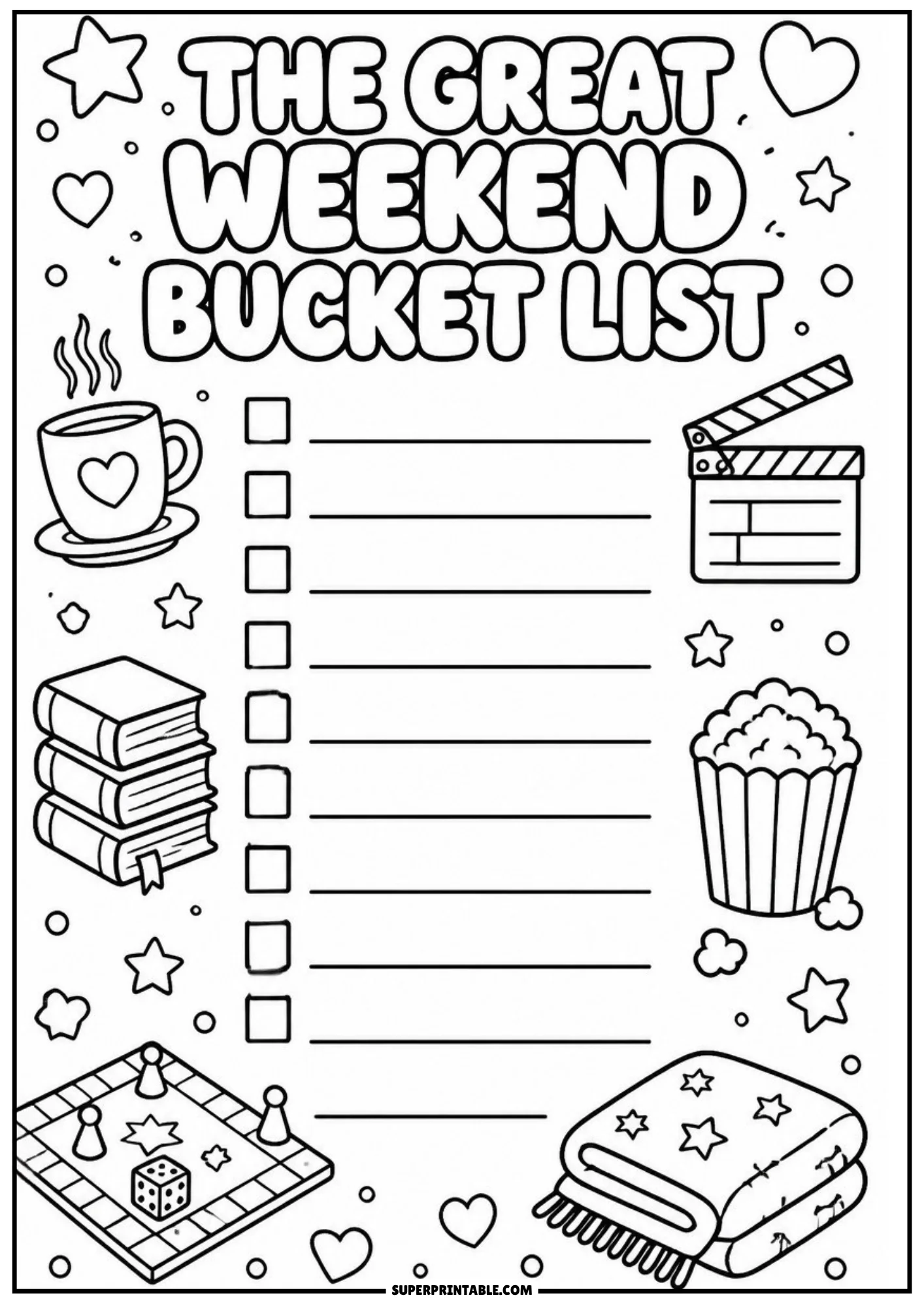 Printable weekend bucket list activity sheet with a coffee mug, stack of books, movie clapperboard, popcorn bucket, board game, and folded blanket.