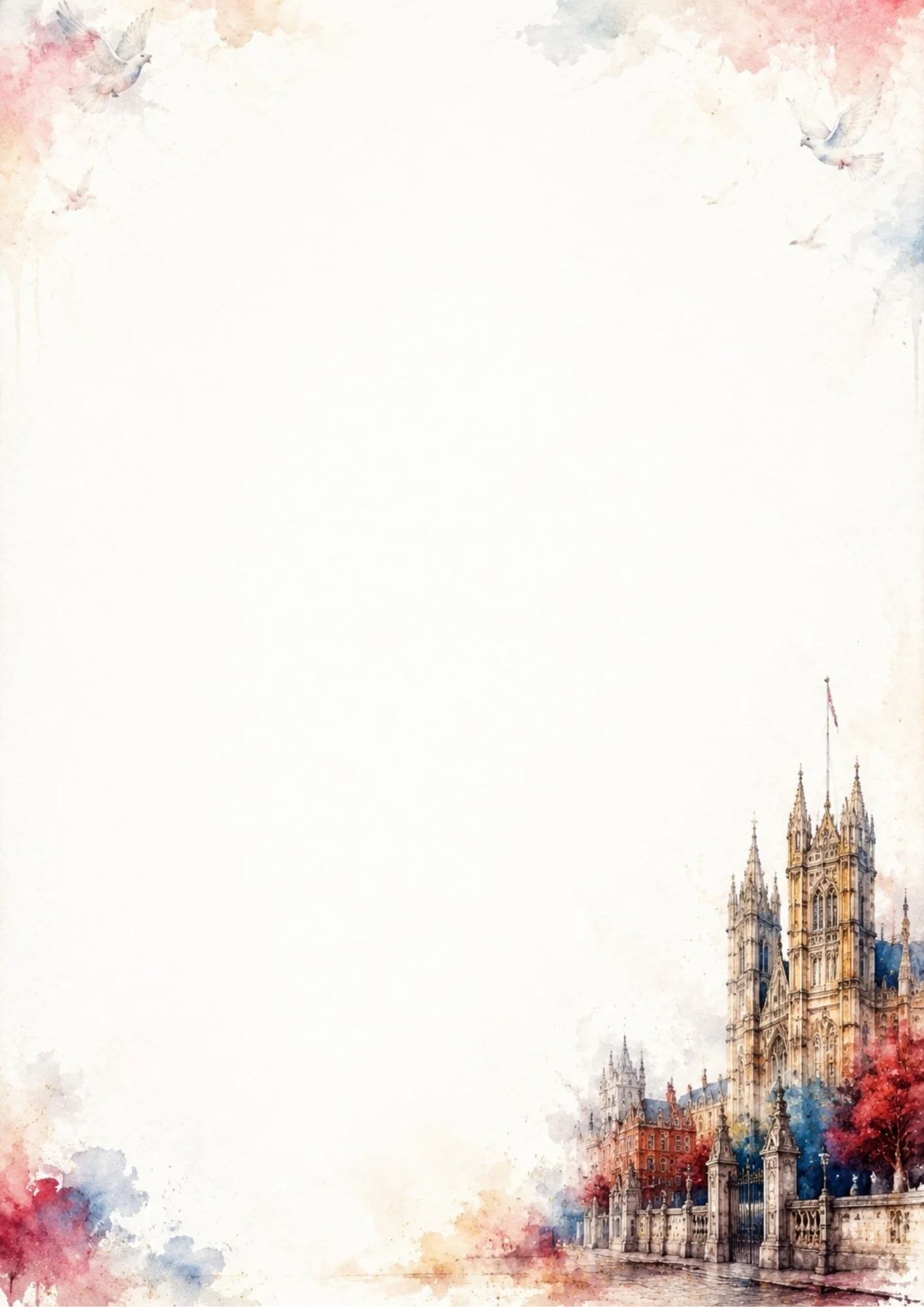 A watercolor painting of Westminster Abbey with gothic architectural details, surrounded by red and blue autumn trees, a wrought-iron gate, and white doves flying in the sky.
