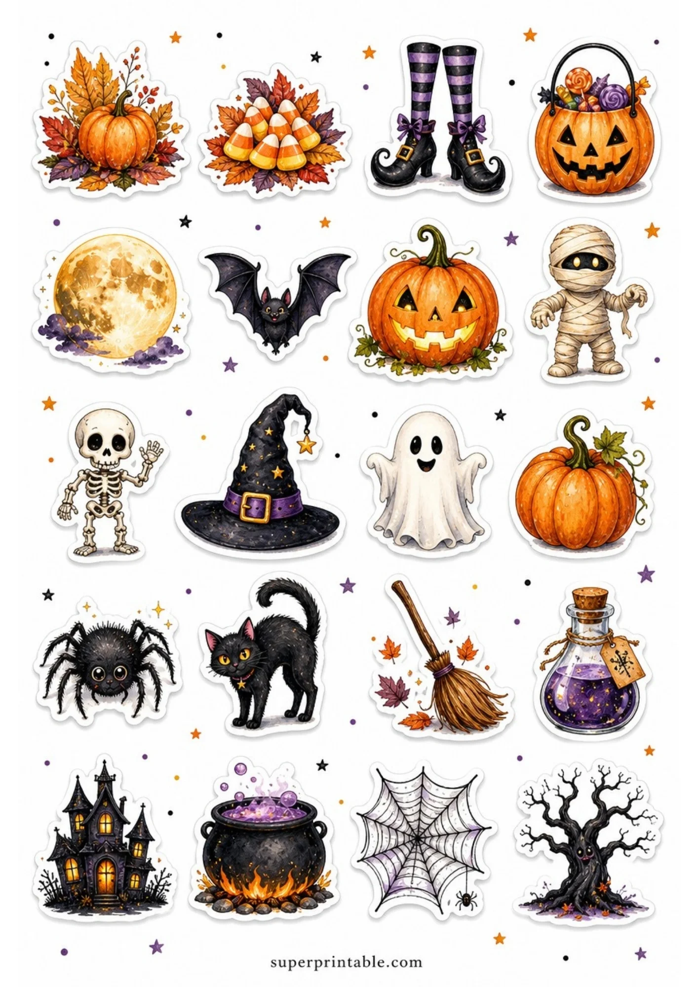 A printable page containing twenty whimsical Halloween stickers including full moons, witch boots, glowing jack-o-lanterns, mummies, and potion bottles.