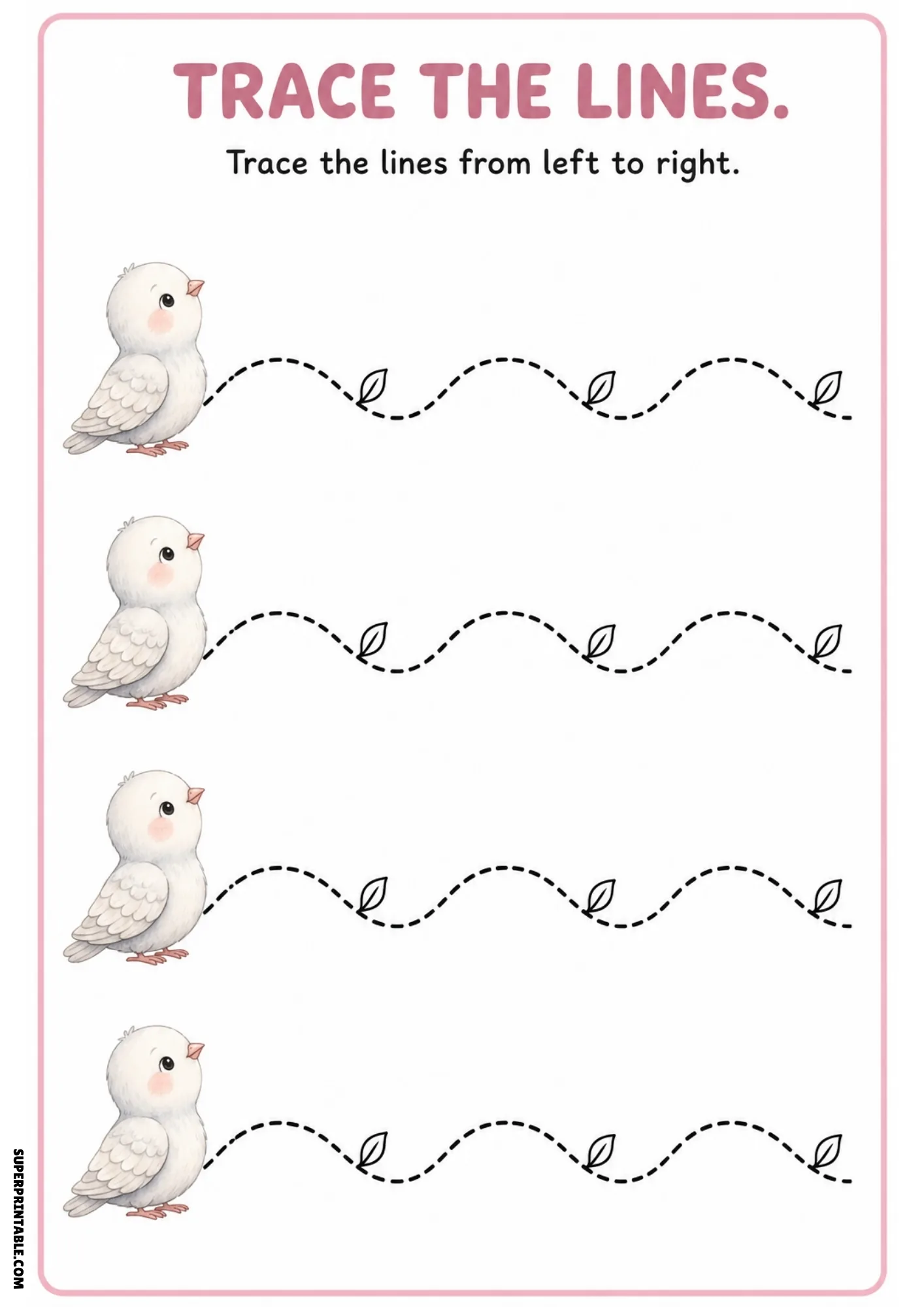Worksheet with four white doves and wavy dashed lines decorated with small leaves for tracing practice.