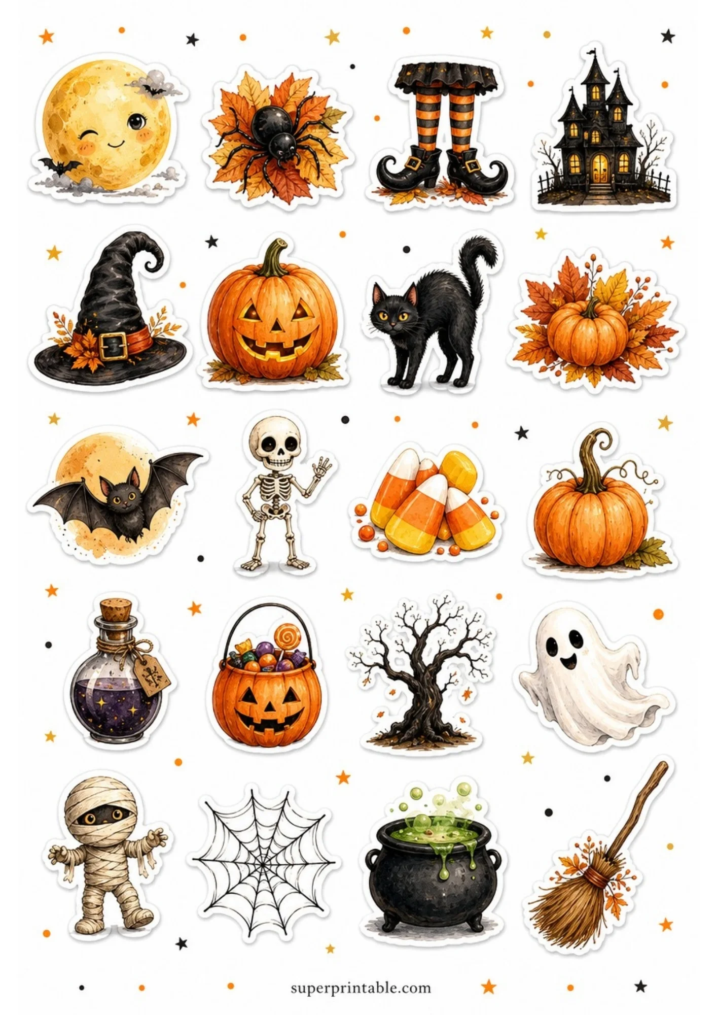 A printable sheet of twenty charming Halloween stickers with a winking moon, crawling spider on fall leaves, candy corn, ghosts, and witch hats.