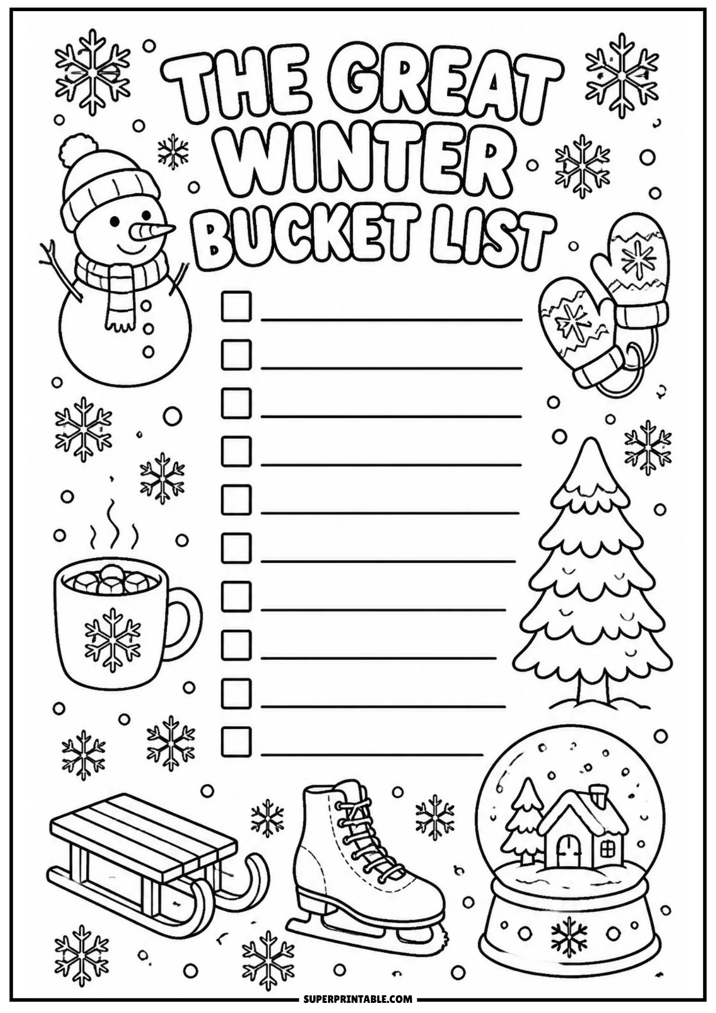 Printable winter bucket list checklist page decorated with a snowman in a scarf, mittens, hot cocoa mug with marshmallows, a snow globe, ice skate, and sled.