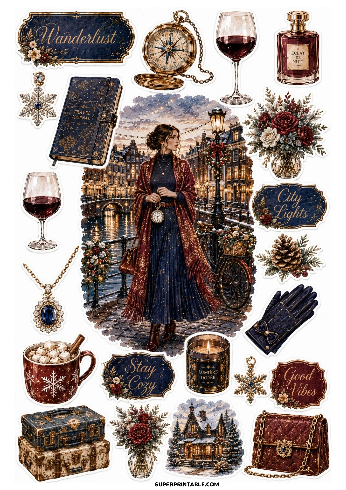 A printable sticker sheet featuring a woman on a canal bridge in a illuminated winter town, with hot cocoa mug, luggage, pinecone, and floral vase.