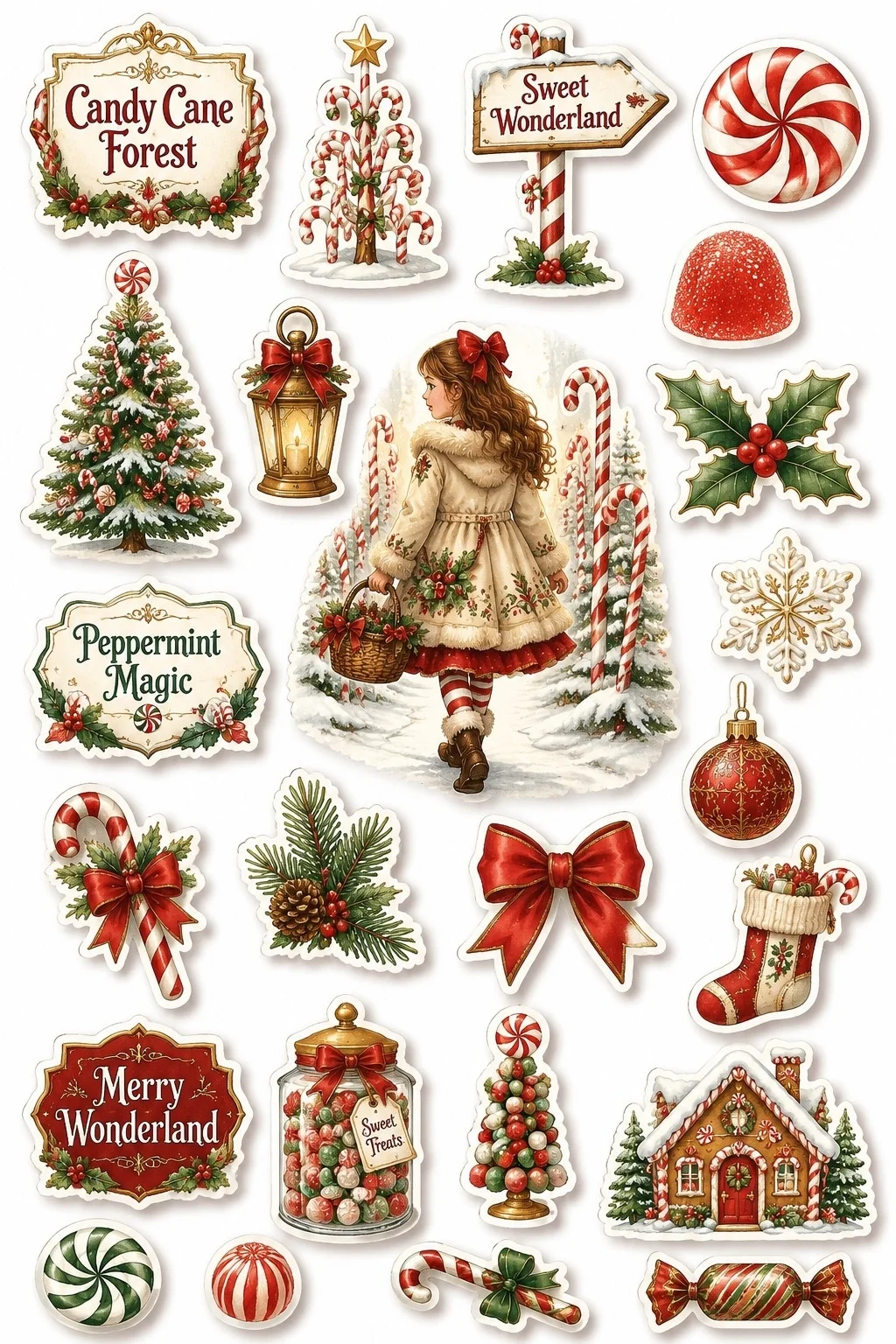 Winter scene of a girl walking down a snow-covered candy cane path, surrounded by gingerbread house, candy jar, snow tree, lantern, and peppermint sweets.