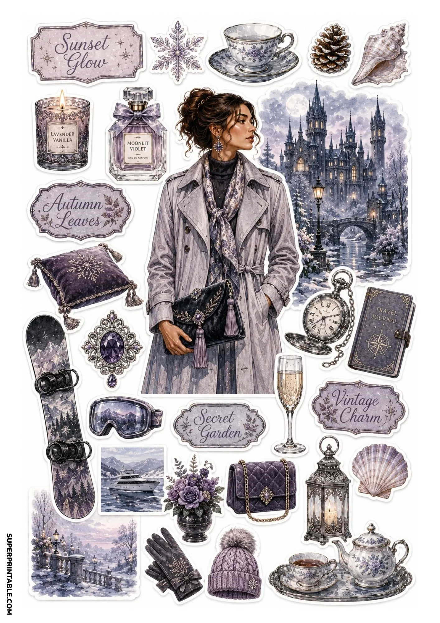 Printable sticker sheet with a central woman before a snowy winter castle, surrounded by lavender and purple stickers including a purple snowboard, travel journal, teacup, and white motor yacht.