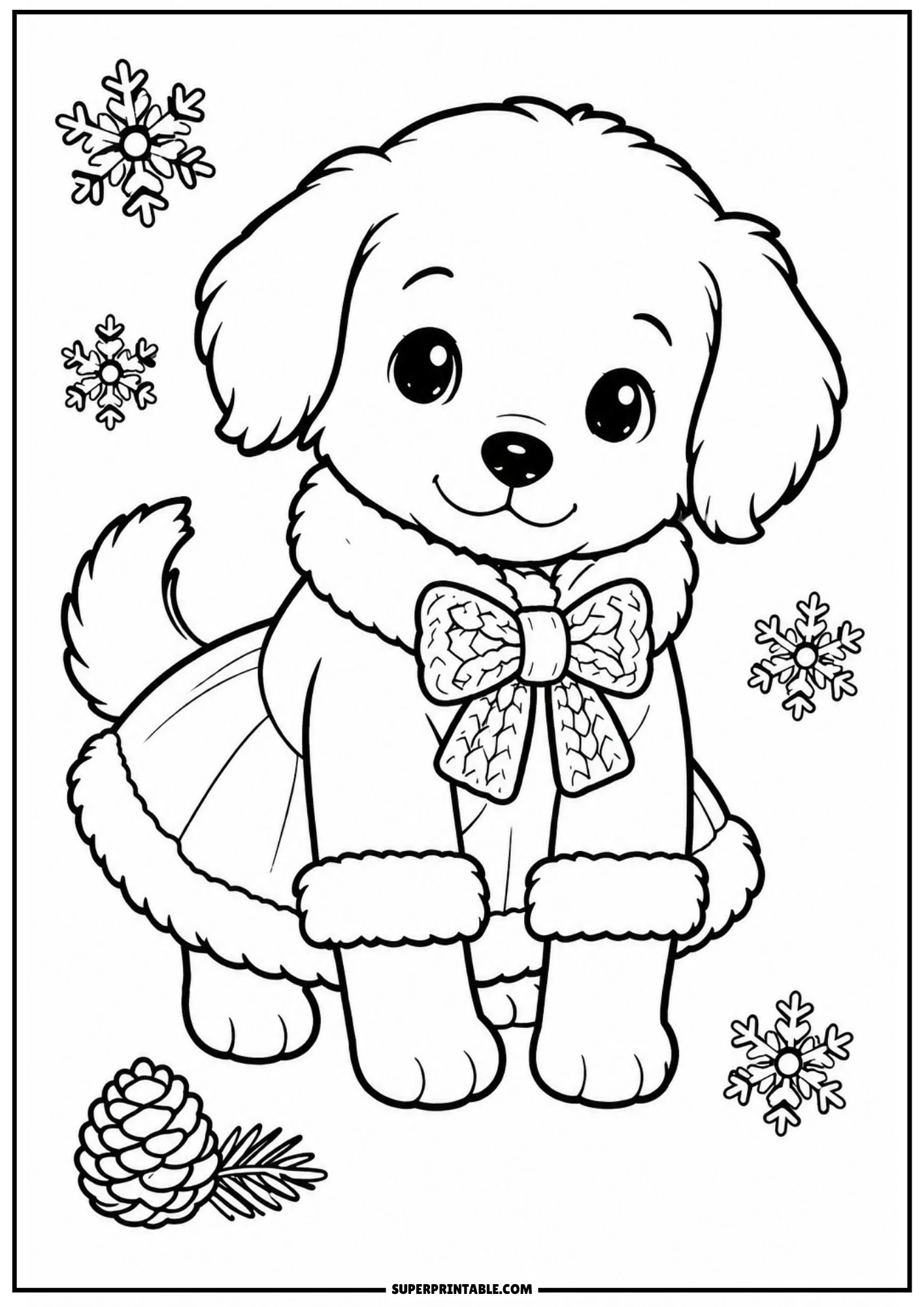 A coloring page showing a cute puppy in a winter coat with fur trim and a bow collar, surrounded by snowflakes and a pinecone.
