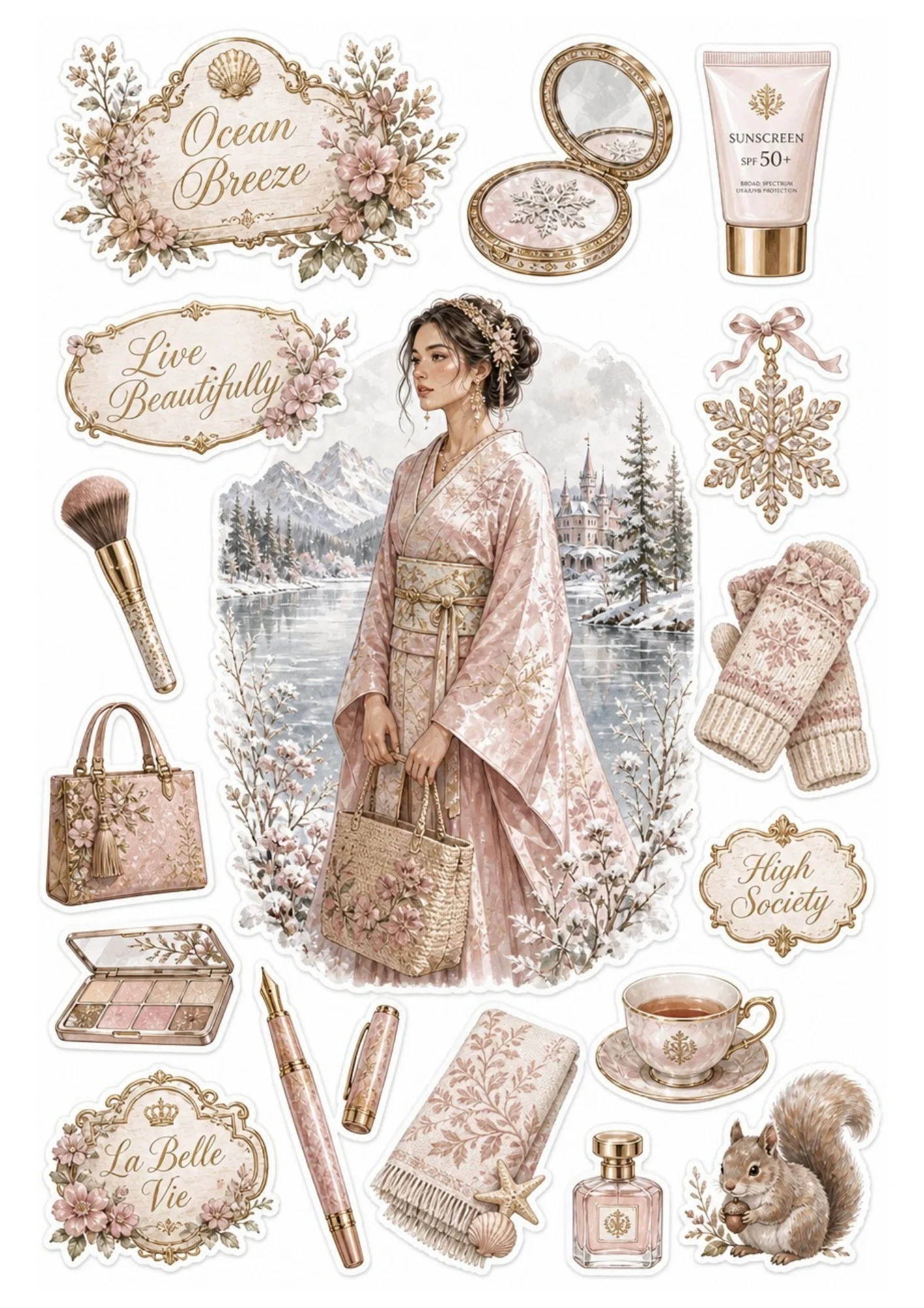 Printable sticker sheet of a woman in a pink kimono before snowy mountains.